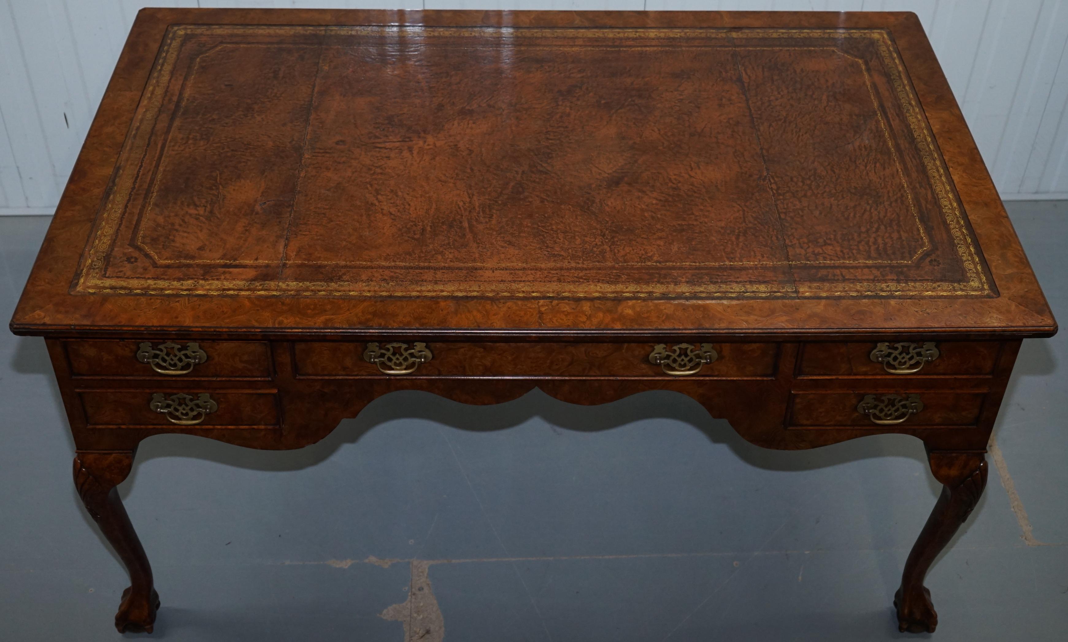 English Harrods London Burr Walnut Brown Leather Claw and Ball Chippendale Partner Desk