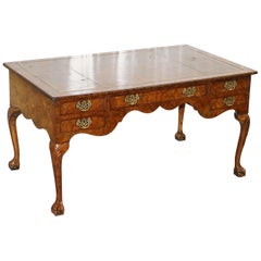 Harrods London Burr Walnut Brown Leather Claw and Ball Chippendale Partner Desk