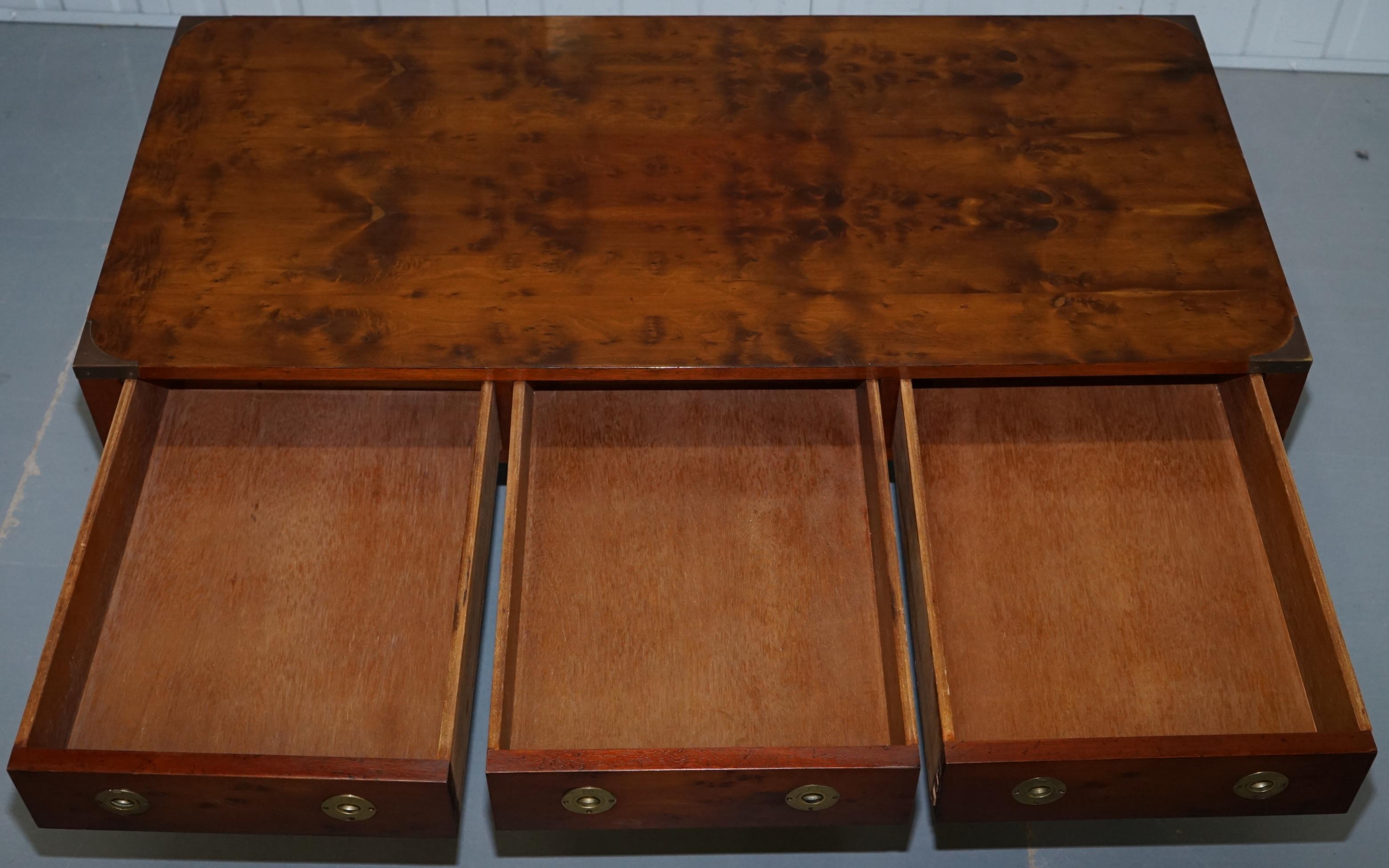 Harrods London Burr Yew Military Campaign Style Coffee Table Three Drawers 12