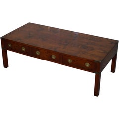 Harrods London Burr Yew Military Campaign Style Coffee Table Three Drawers