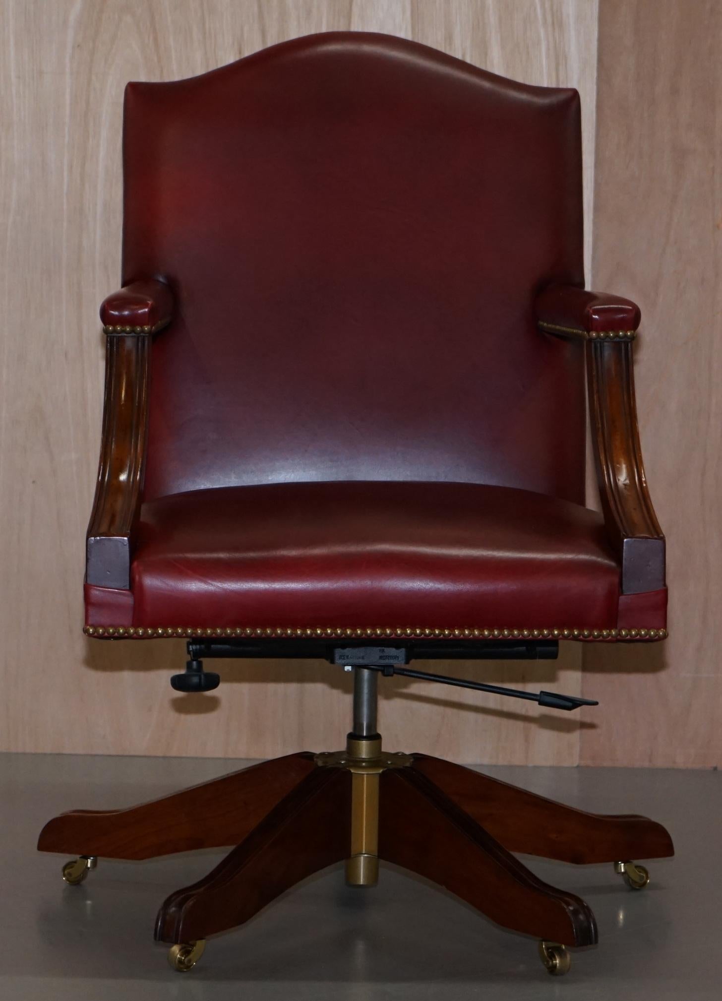 We are delighted to offer for sale this very nice vintage Oxblood leather Gainsborough captains office chair retailed through Harrods London made by Kennedy Furniture RRP £3800

I have the matching pedestal desk, architects desk and various other