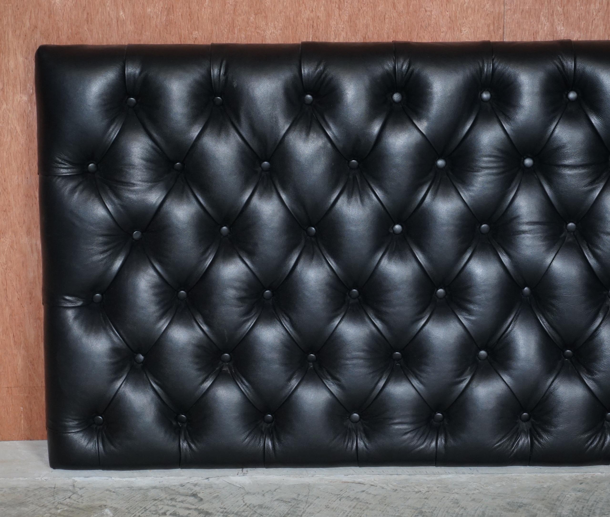 We are delighted to offer this stunning Harrods London black Italian leather Chesterfield tufted king size headboard. 

This headboard is sublime quality and retailed for a small fortune new. It’s designed to sit on a wall mounted slat but it can