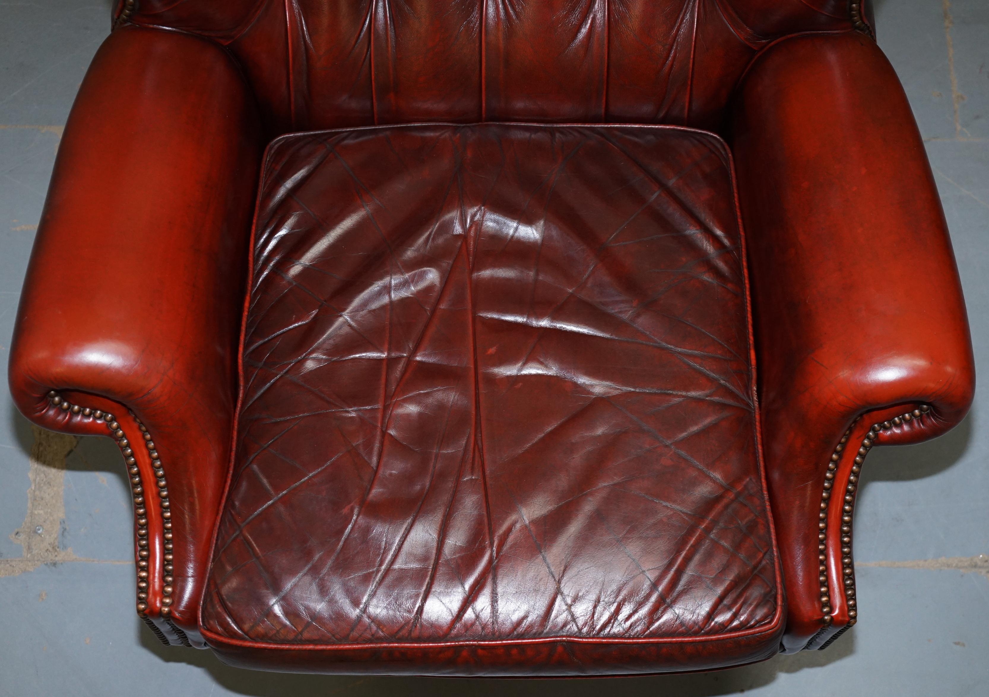 English Harrods London Oversized Oxblood Leather Wingback Library Office Reading Chair