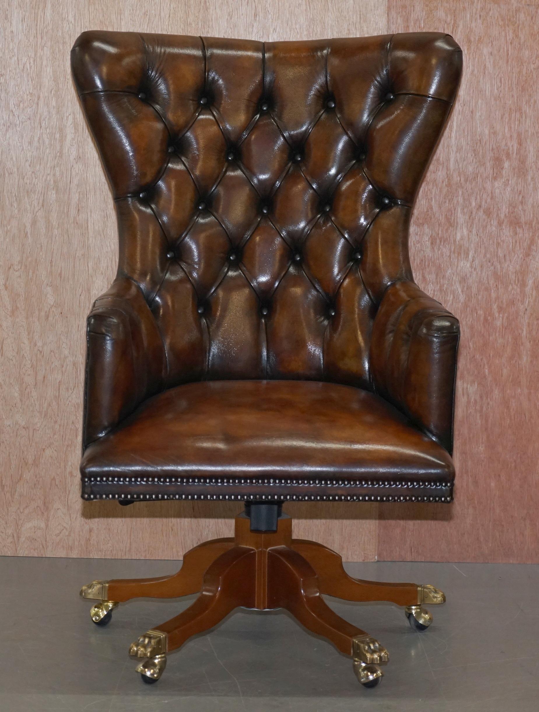 We are delighted to offer for sale this stunning fully restored Harrods London hand dyed Whiskey brown leather exceptionally comfortable directors chair 

This is pretty much the most comfortable captains chair I have ever sat it, its like your