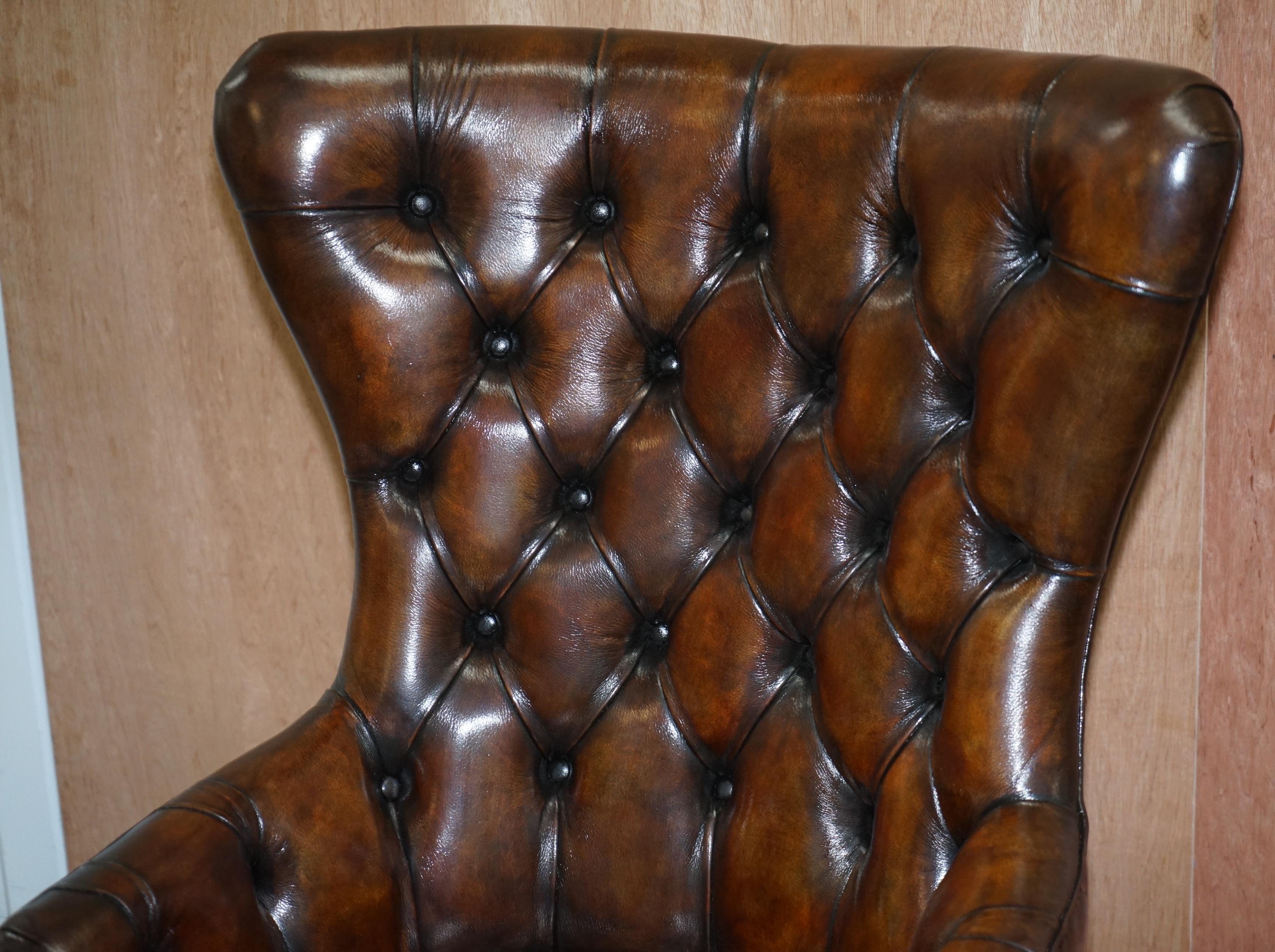 English Harrods London Restored Hand Dyed Whisky Brown Leather Directors Captains Chair
