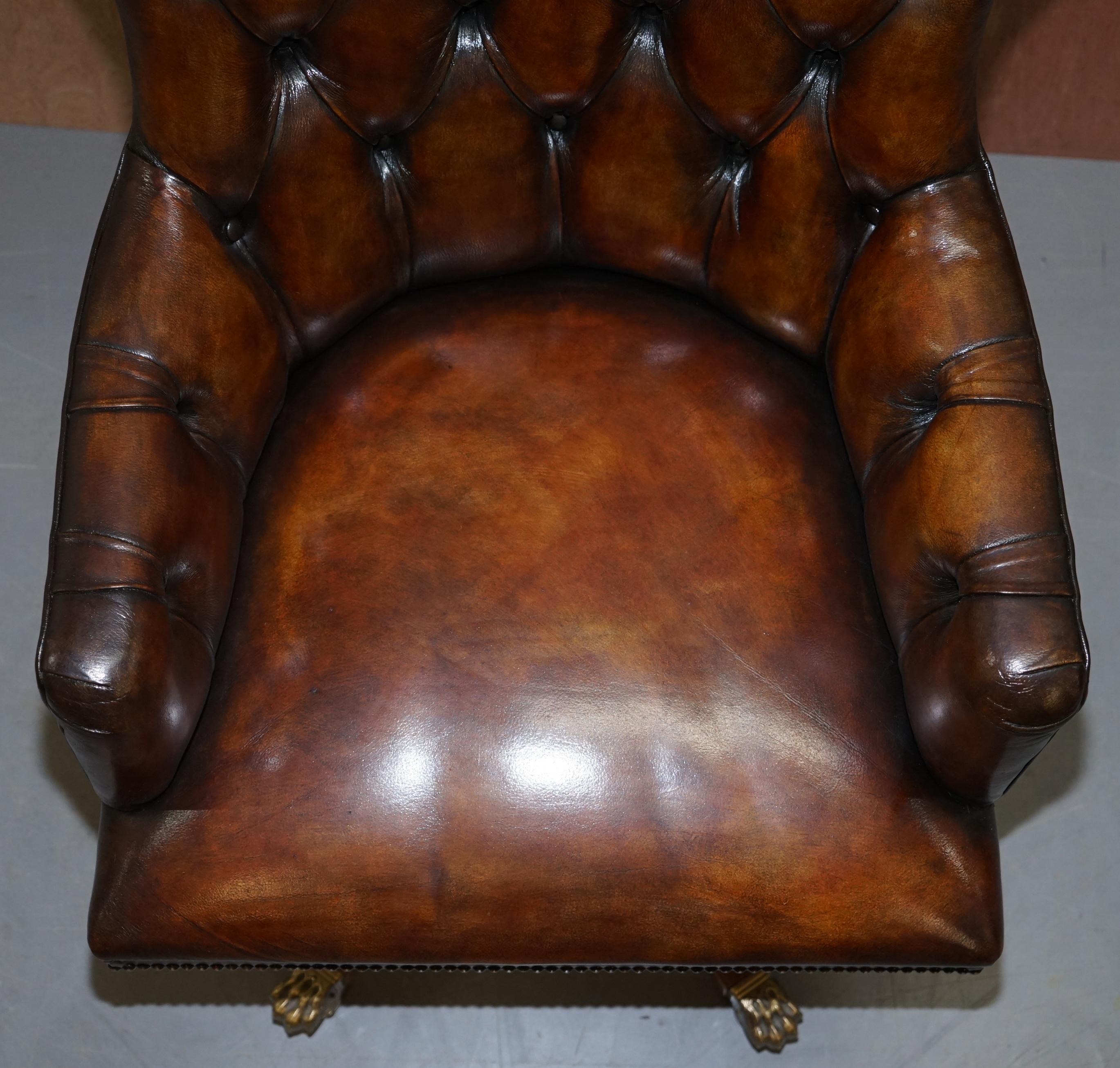 Hand-Crafted Harrods London Restored Hand Dyed Whisky Brown Leather Directors Captains Chair