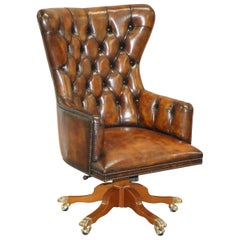 Vintage Harrods London Restored Hand Dyed Whisky Brown Leather Directors Captains Chair