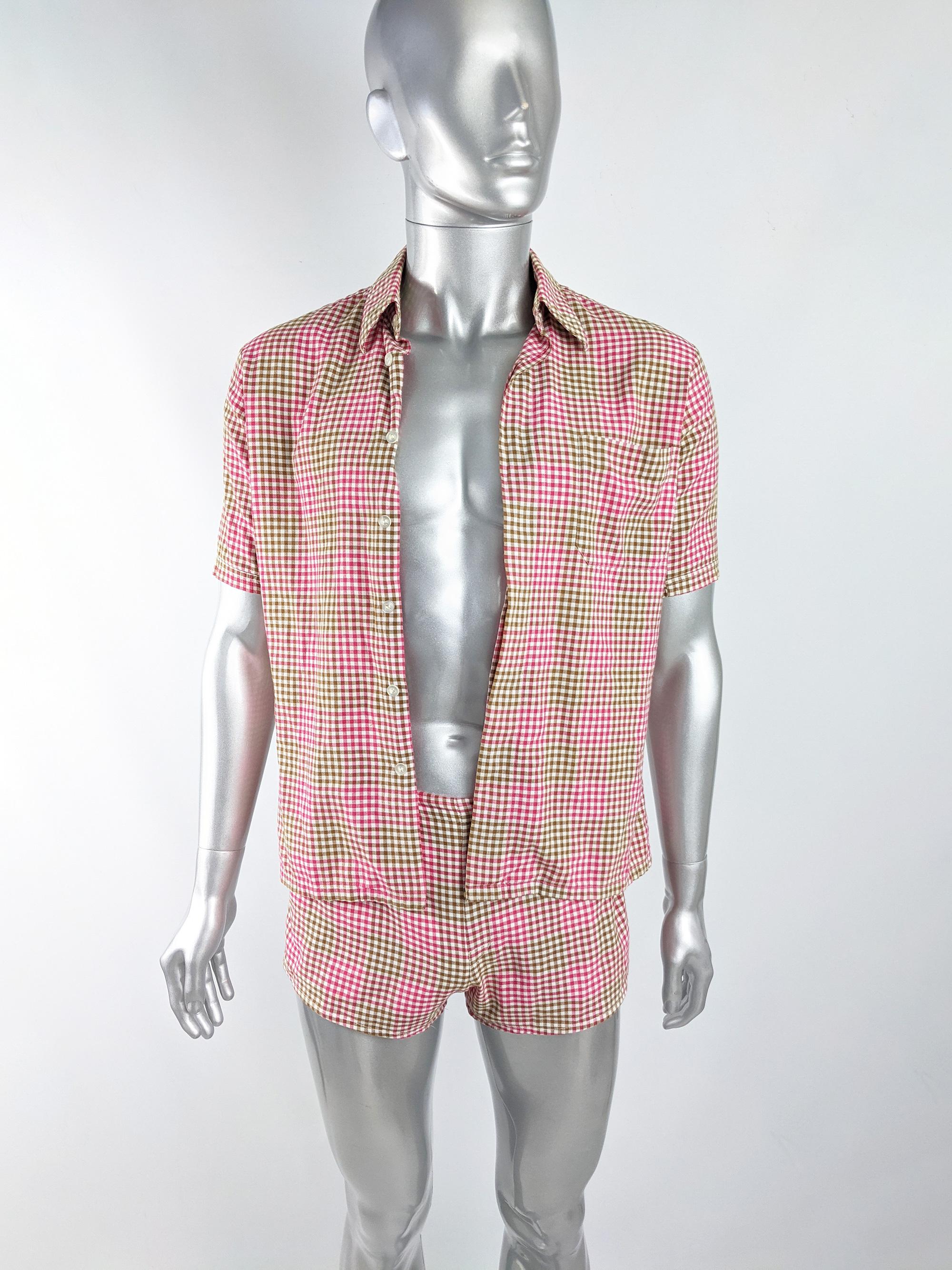 Beige Harrods Mens Vintage 1960s Two Piece Pink Gingham Beach Swim Suit