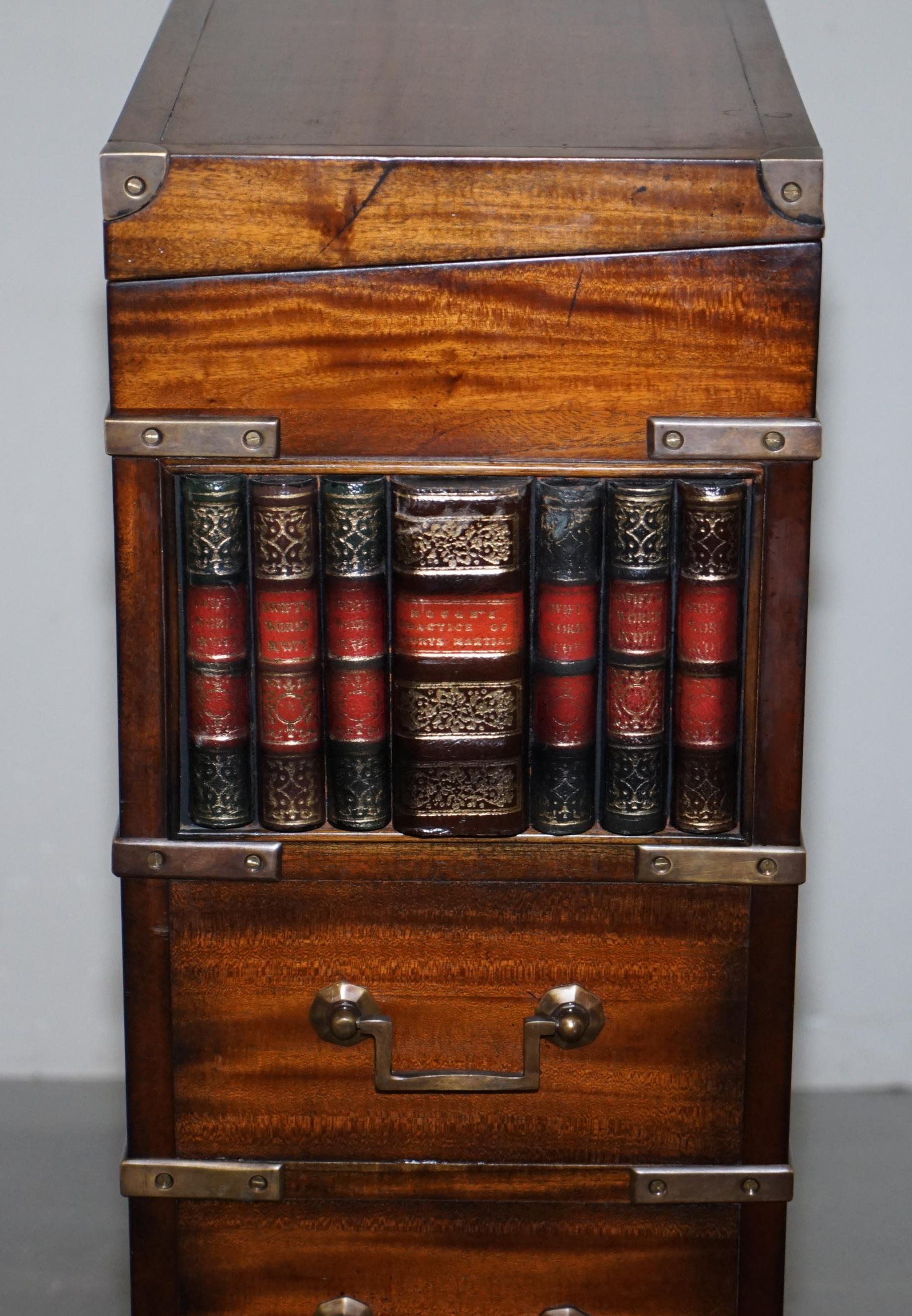 Harrods Military Campaign Faux Book Chest of Drawers Brown Leather Writing Slope For Sale 6