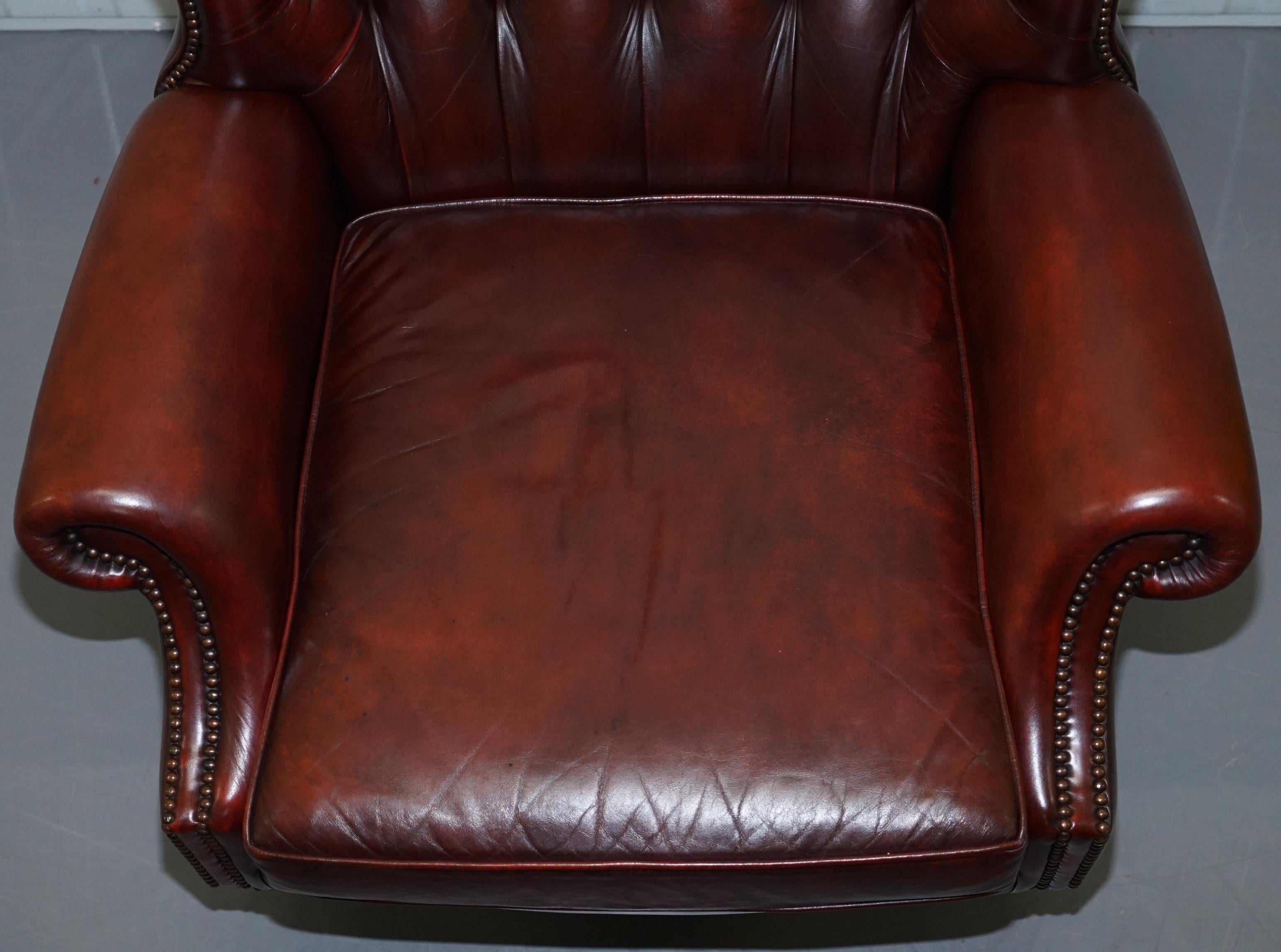 Mid-Century Modern Harrods Oversized Oxblood Leather Wingback Library Lounge Armchair & Ottoman