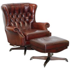 Vintage Harrods Oversized Oxblood Leather Wingback Library Lounge Armchair & Ottoman