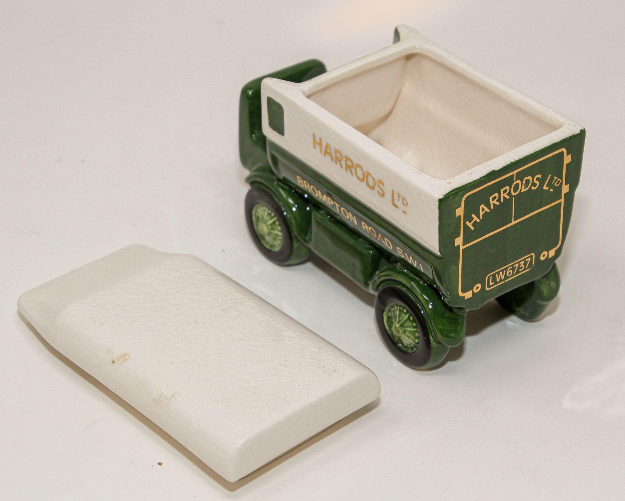 British Harrods Porcelain Delivery Truck Lidded Tea Caddy Box London Pottery England For Sale