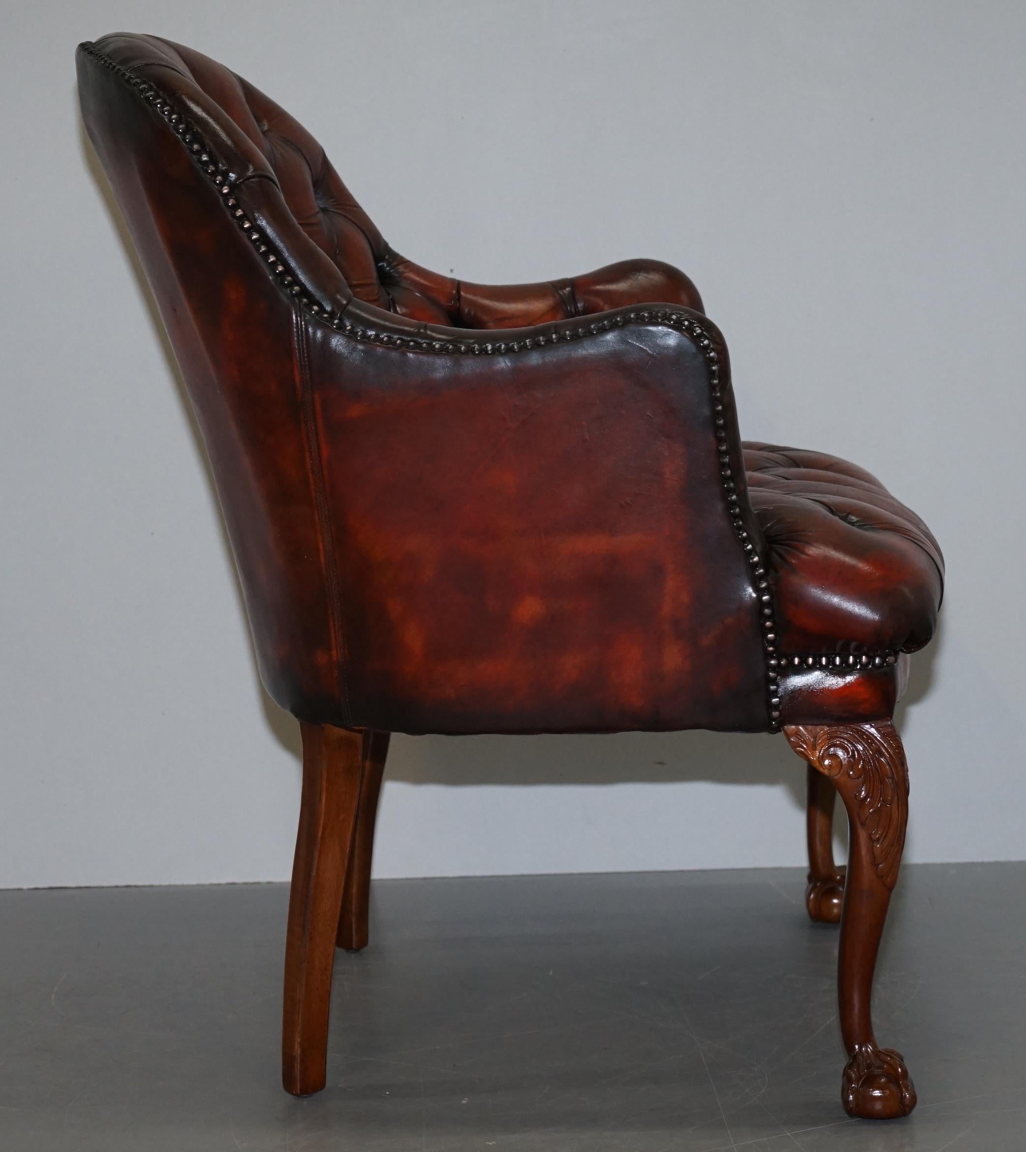 Harrods Restored Chesterfield Captains Brown Leather Armchair Claw & Ball Feet For Sale 9