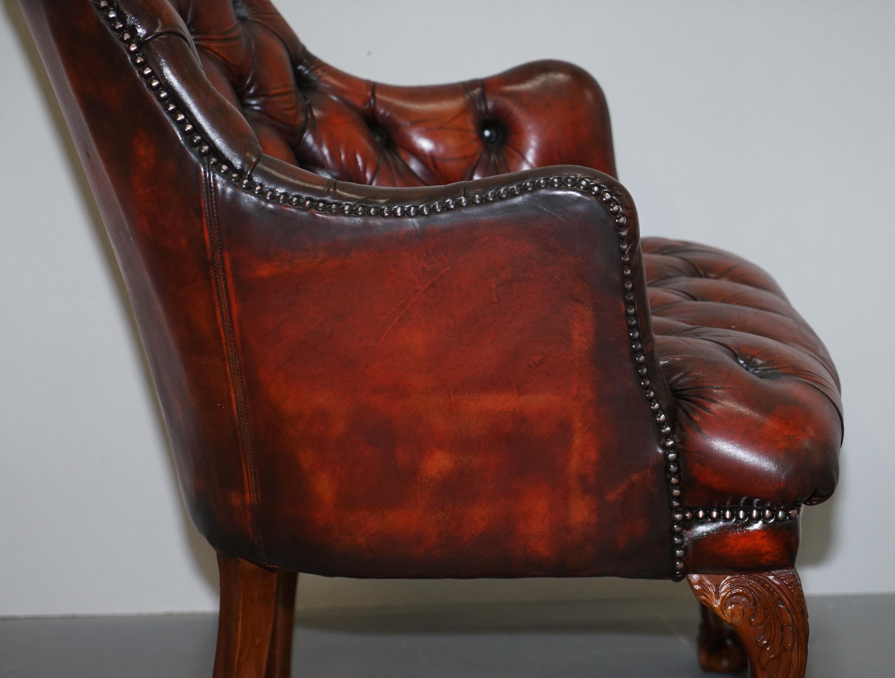 Harrods Restored Chesterfield Captains Brown Leather Armchair Claw & Ball Feet For Sale 10