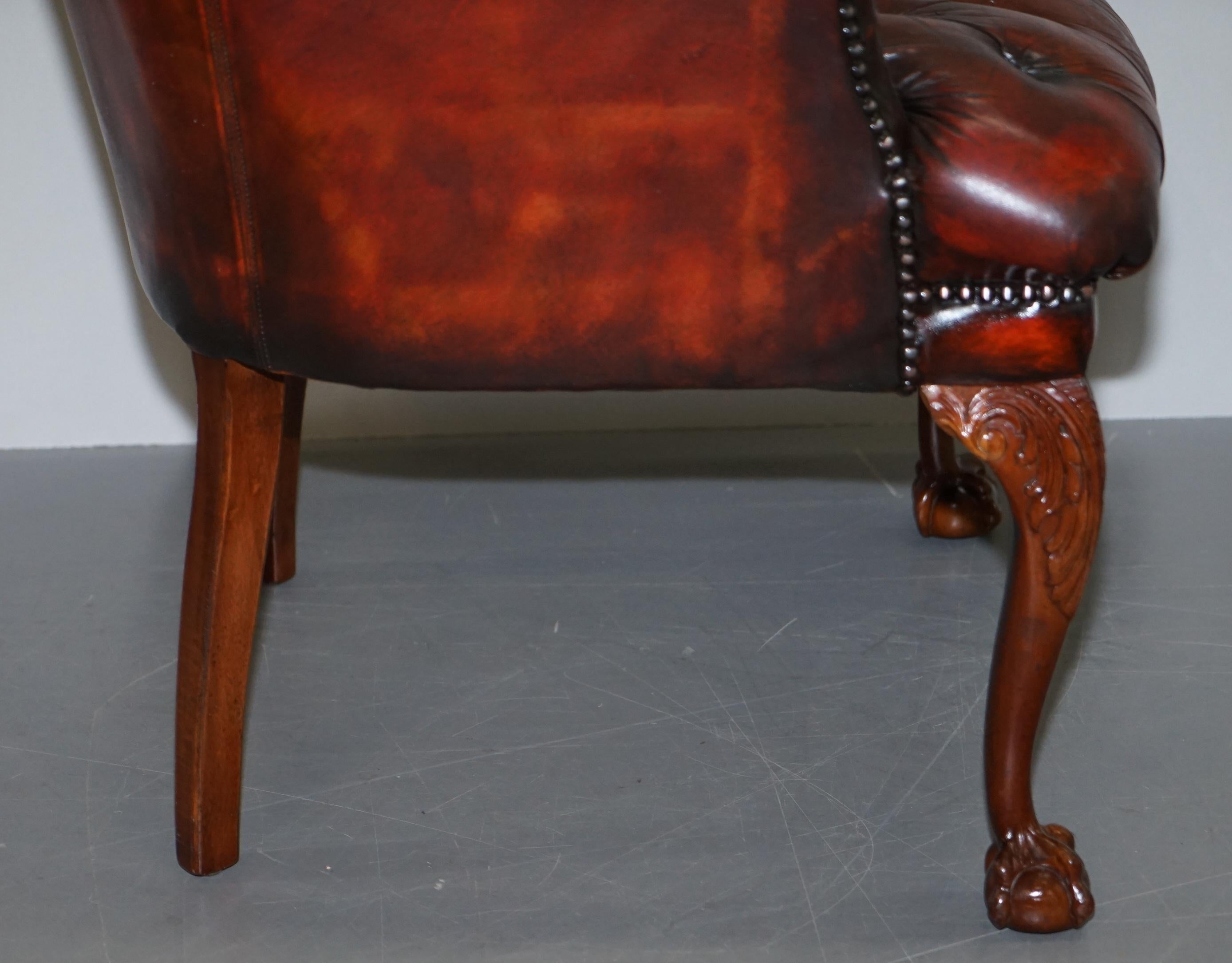 Harrods Restored Chesterfield Captains Brown Leather Armchair Claw & Ball Feet For Sale 11