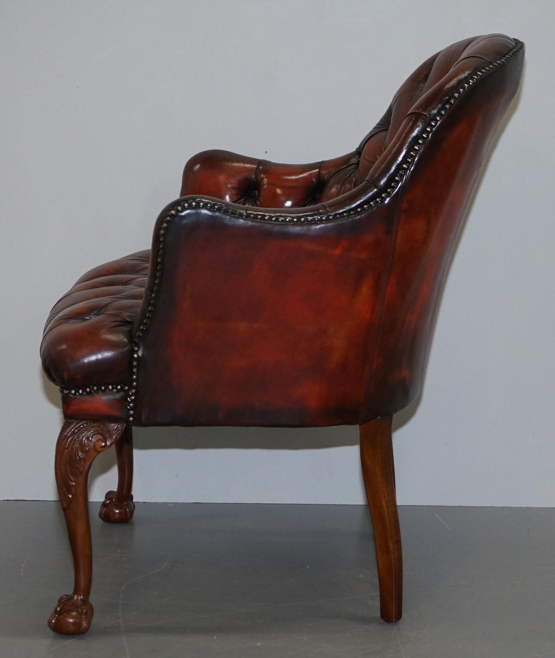 Harrods Restored Chesterfield Captains Brown Leather Armchair Claw & Ball Feet For Sale 14