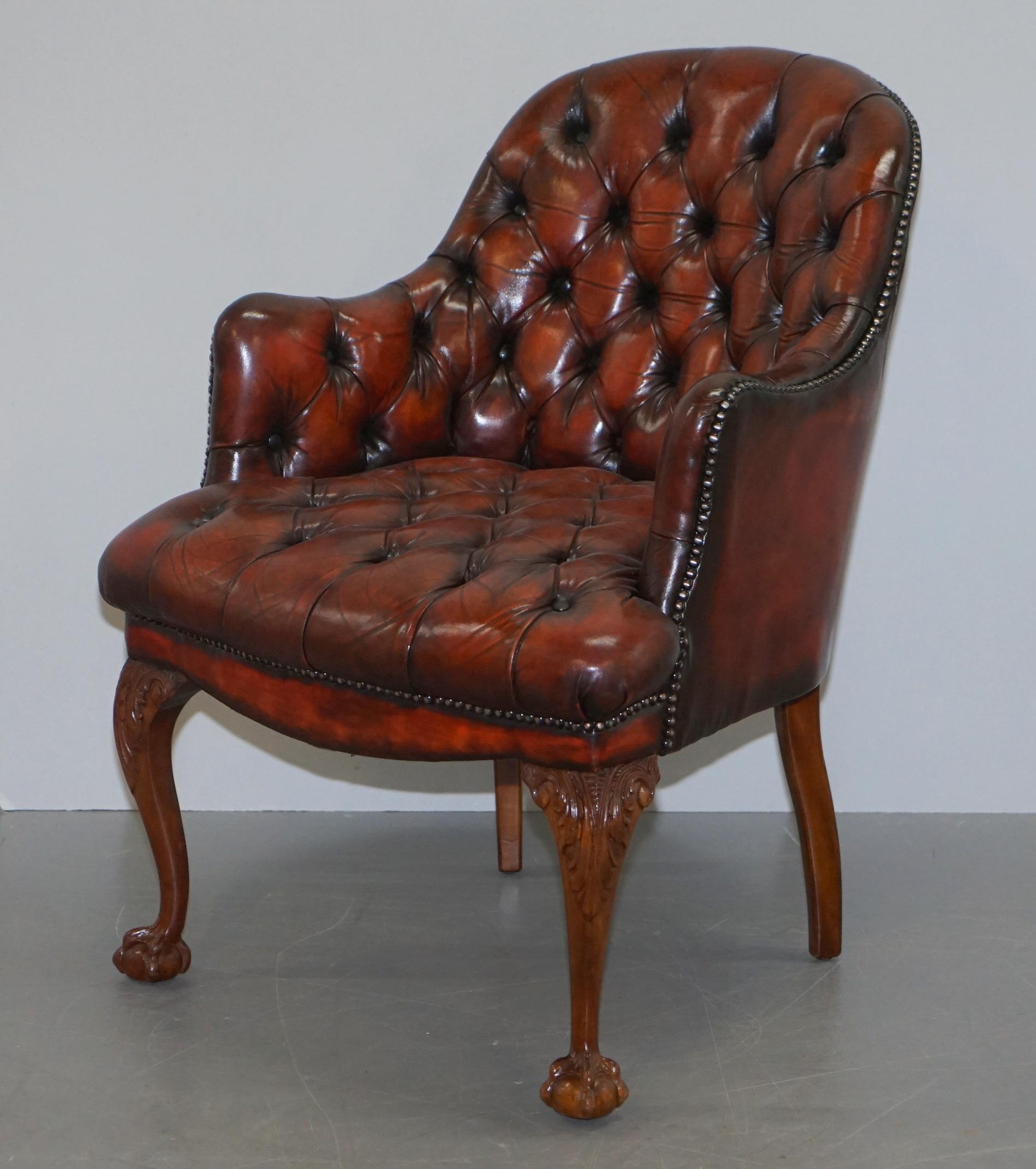 English Harrods Restored Chesterfield Captains Brown Leather Armchair Claw & Ball Feet For Sale