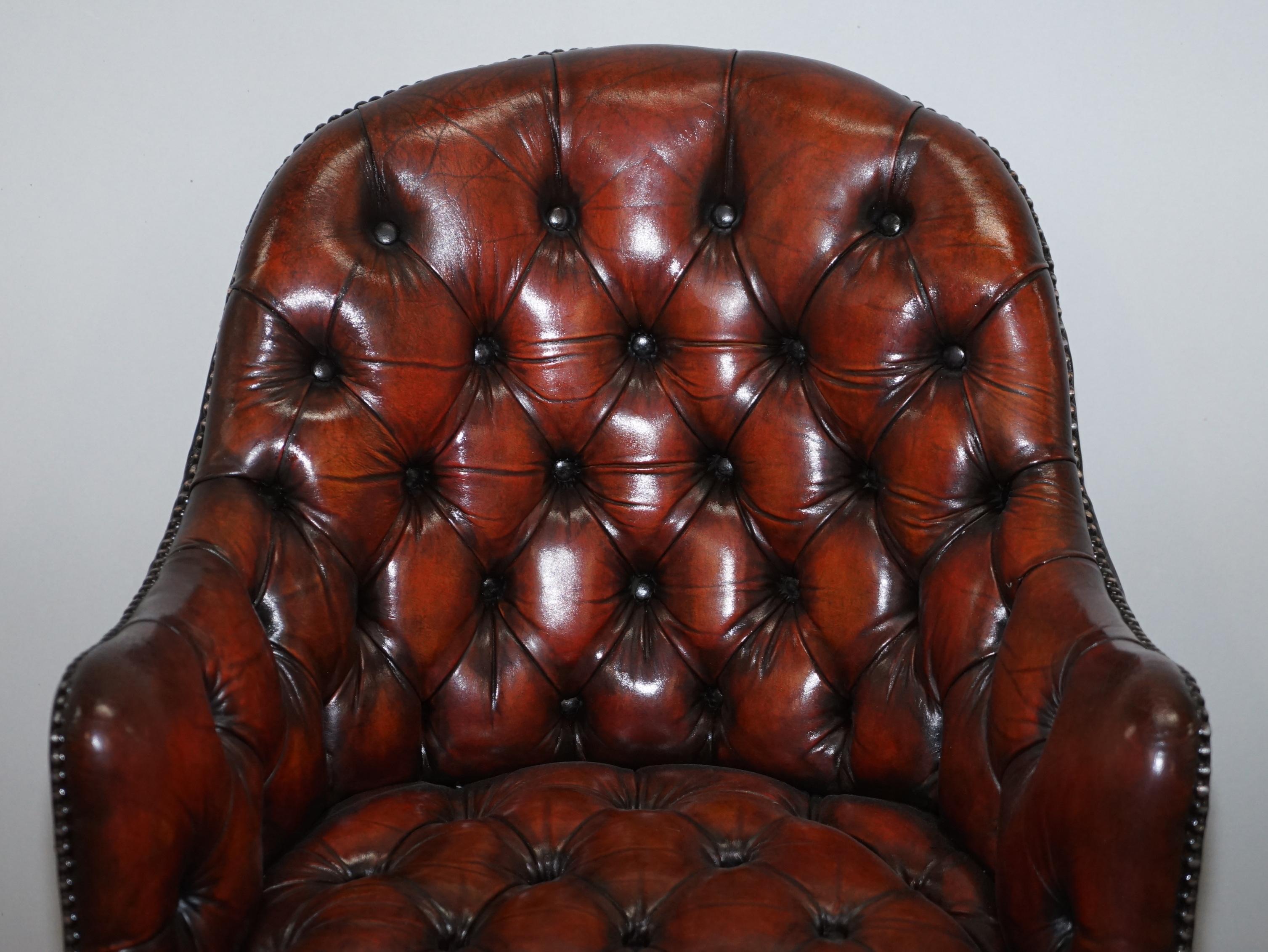 Hand-Crafted Harrods Restored Chesterfield Captains Brown Leather Armchair Claw & Ball Feet For Sale