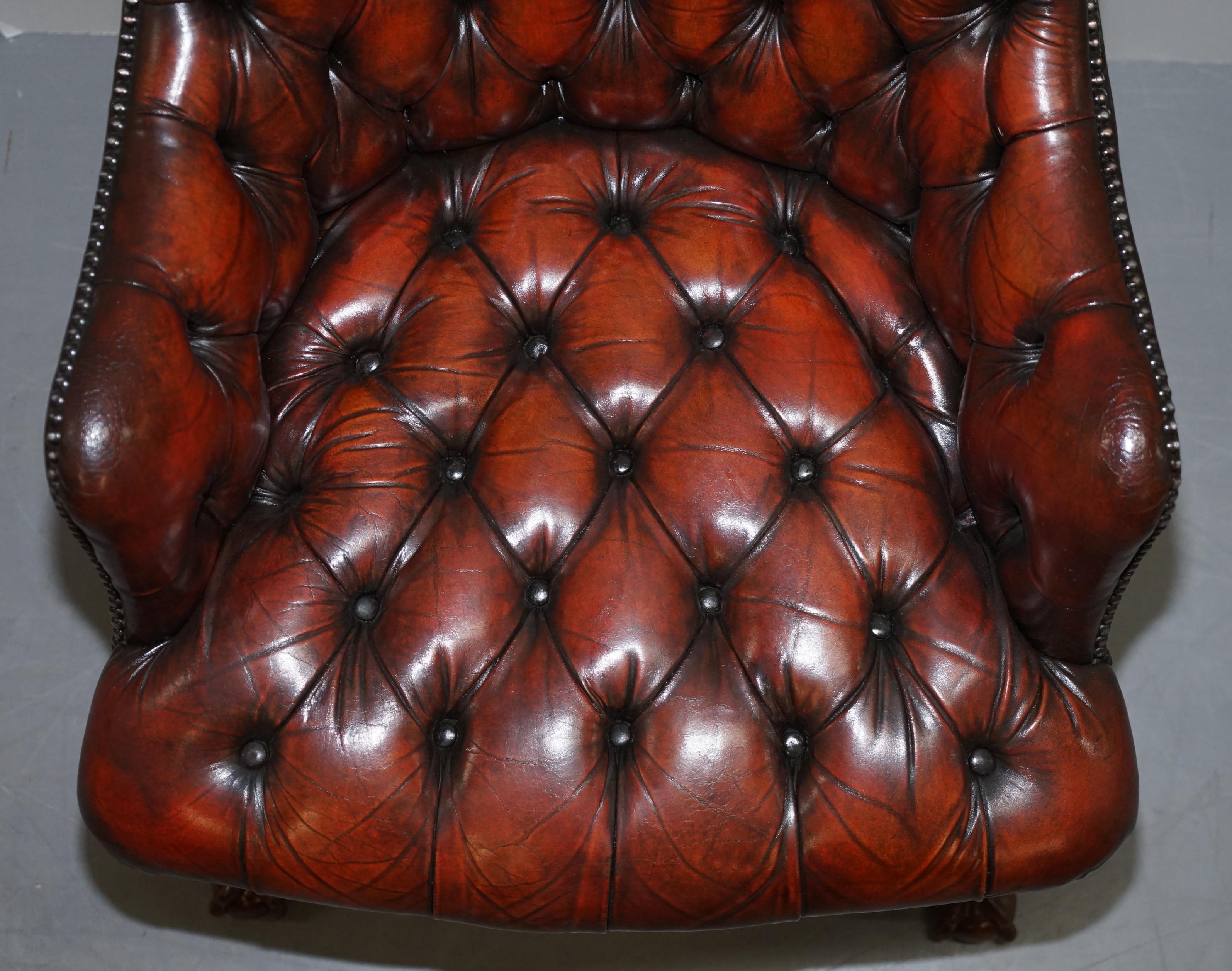 Harrods Restored Chesterfield Captains Brown Leather Armchair Claw & Ball Feet For Sale 2