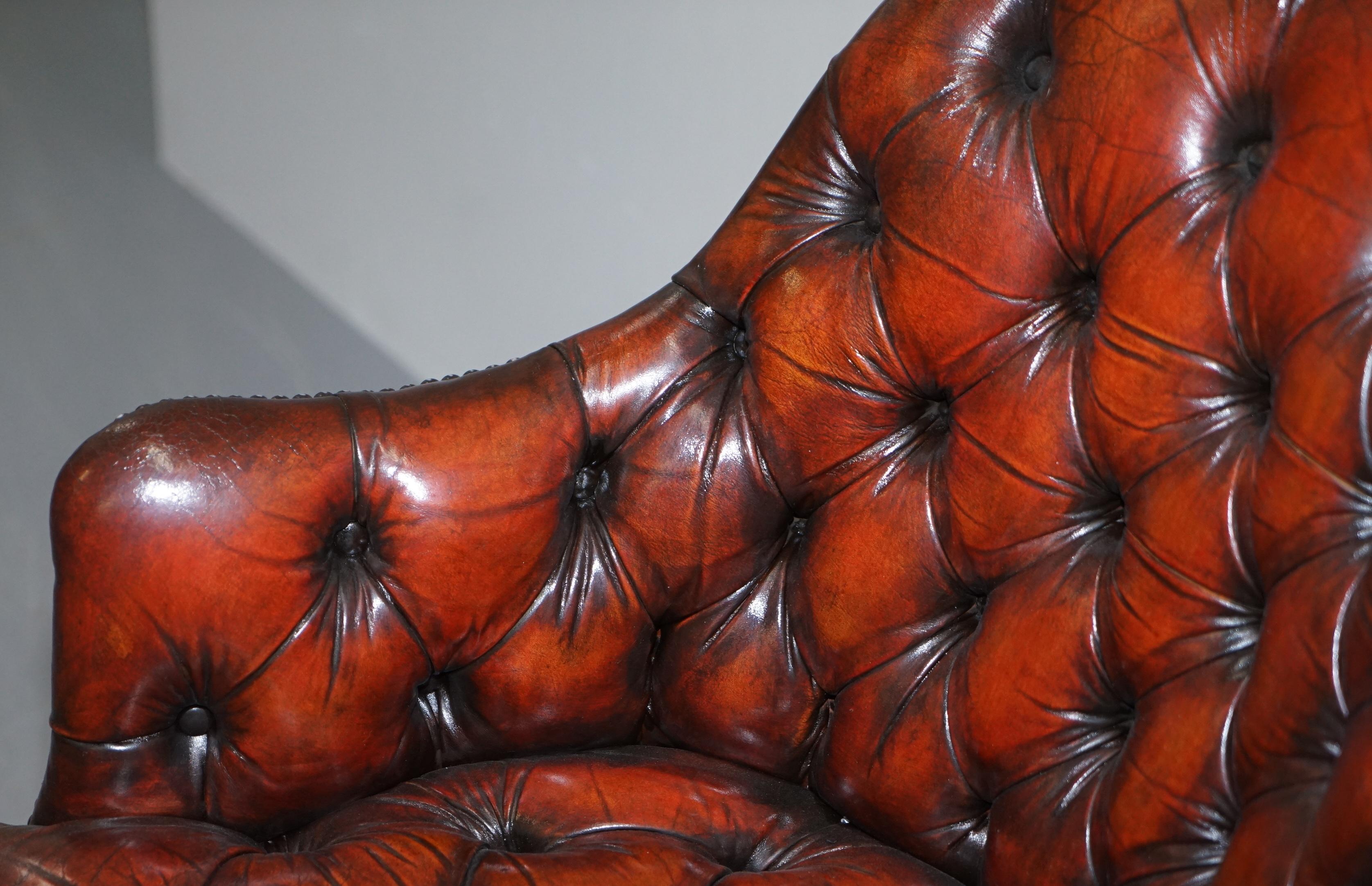 Harrods Restored Chesterfield Captains Brown Leather Armchair Claw & Ball Feet For Sale 3