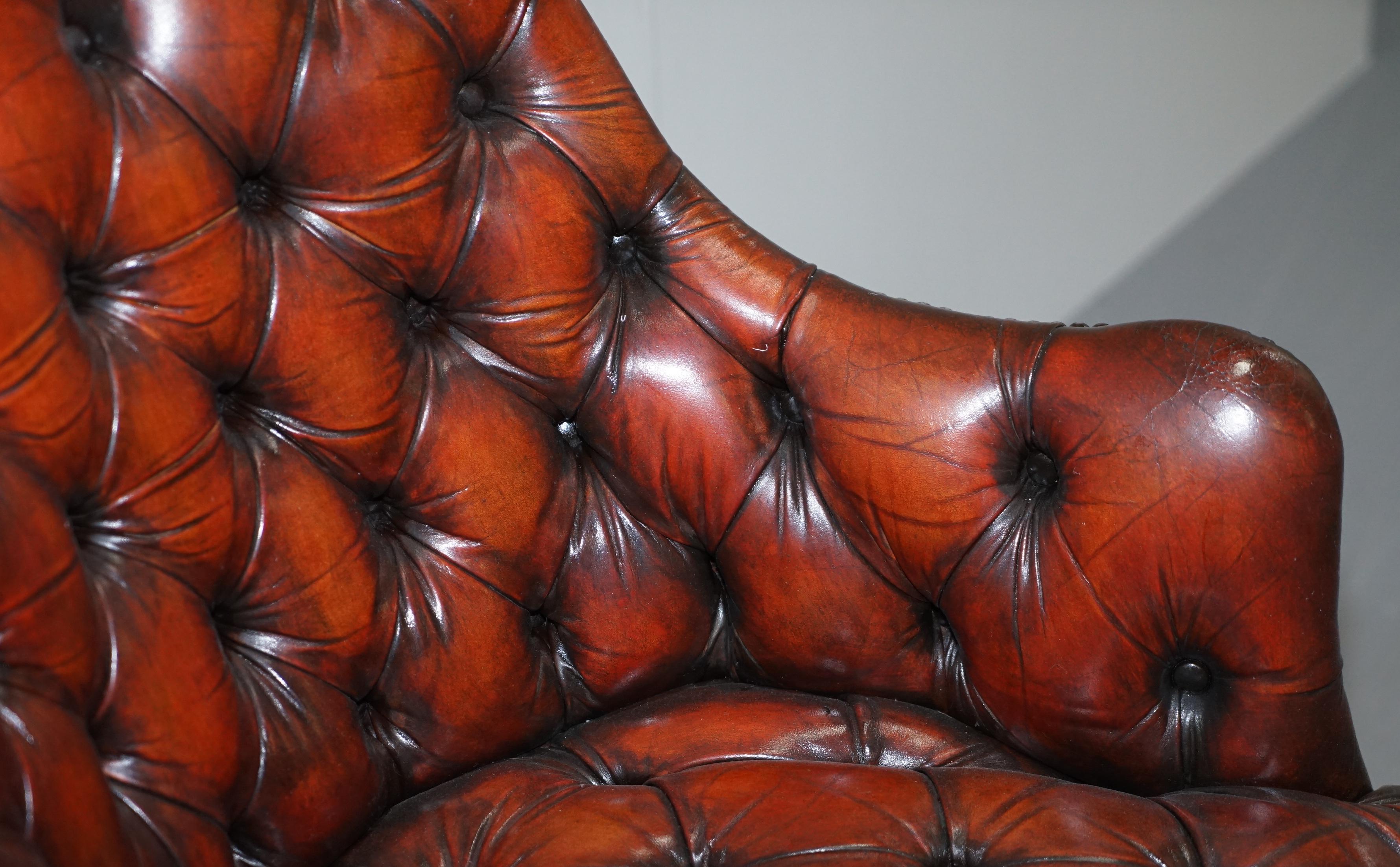 Harrods Restored Chesterfield Captains Brown Leather Armchair Claw & Ball Feet For Sale 4