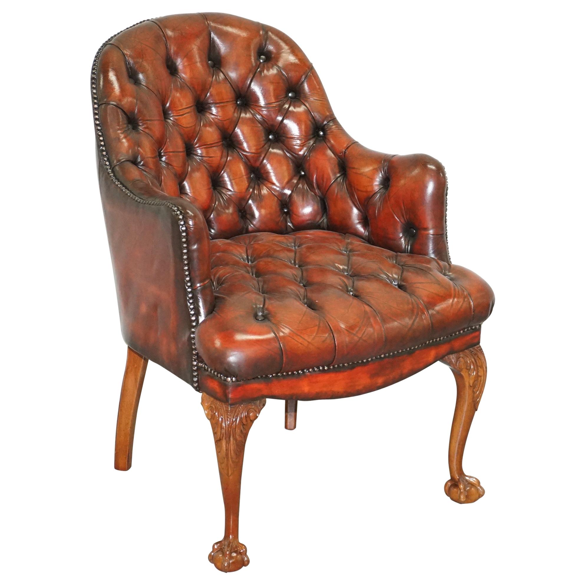 Harrods Restored Chesterfield Captains Brown Leather Armchair Claw & Ball Feet For Sale
