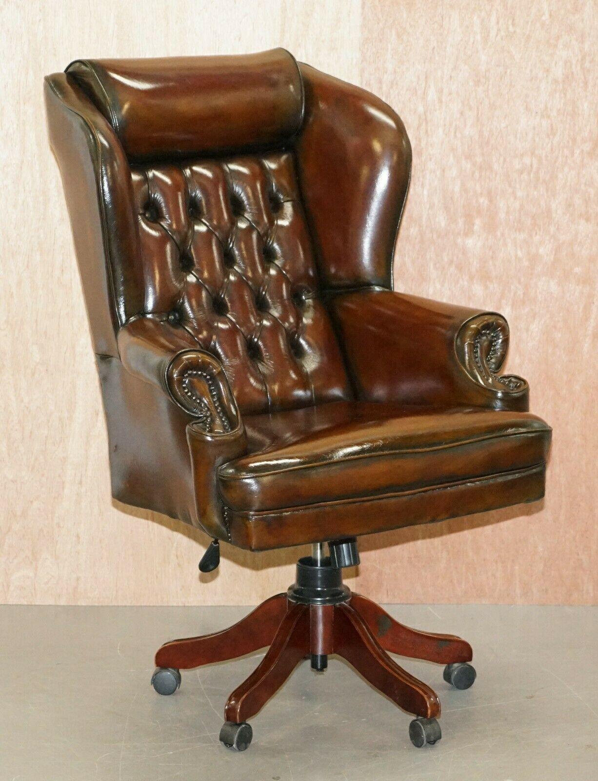 We are delighted to offer for sale this stunning fully restored Harrods London hand dyed deep cigar brown leather exceptionally comfortable Wingback Presidents directors chair 

This is pretty much the most comfortable captains chair I have ever