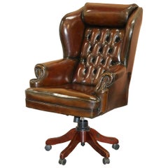 Vintage Harrods Restored Hand Dyed President Brown Leather Directors Captains Chair