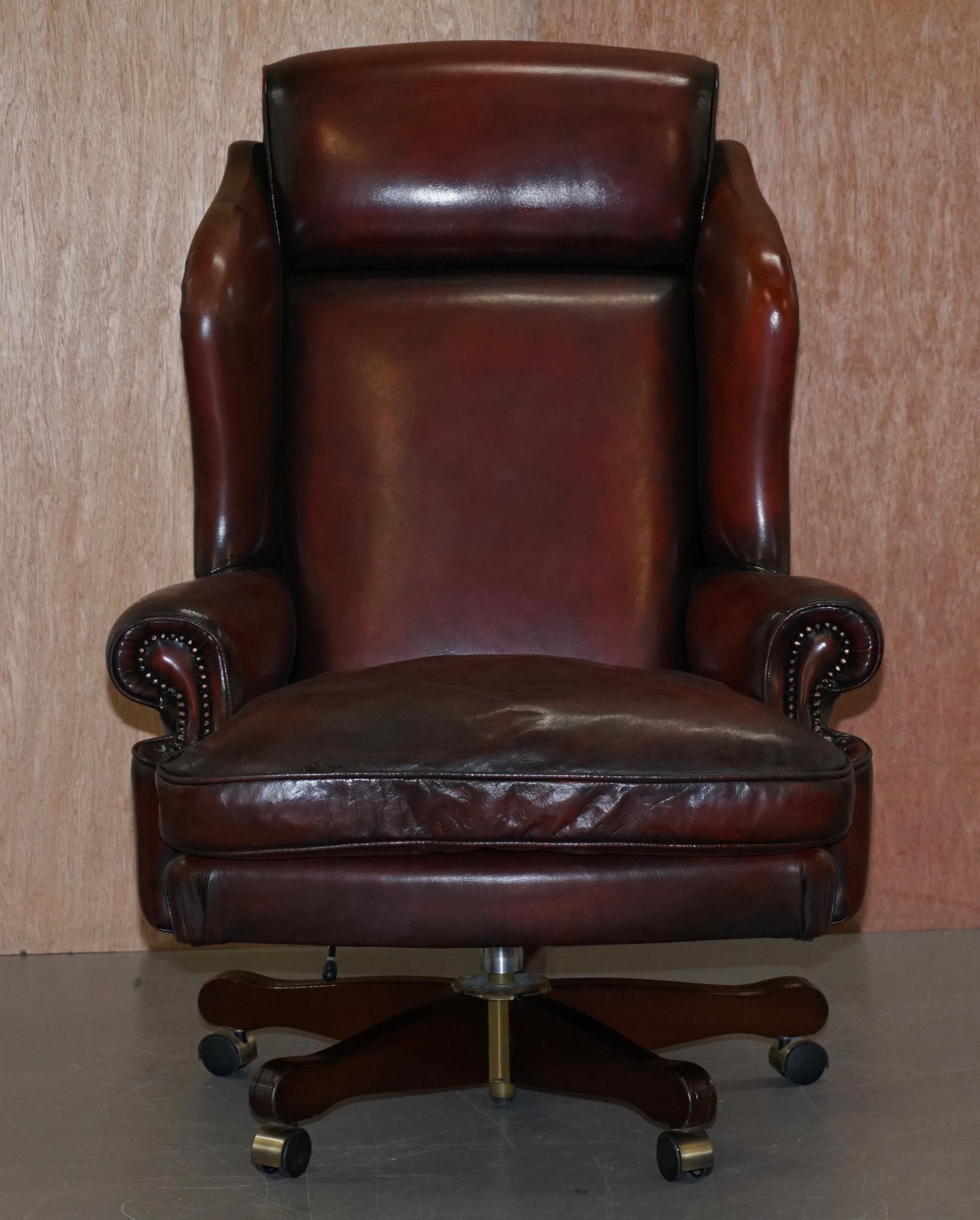 We are delighted to offer for sale this stunning fully restored Harrods London hand dyed deep Oxblood leather exceptionally comfortable Wingback Presidents directors chair

This is pretty much the most comfortable captains chair I have ever sat