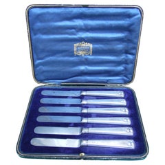 Harrod's Set of Six Small Appetizer Knives in the Original Silk Lined Box c 1920