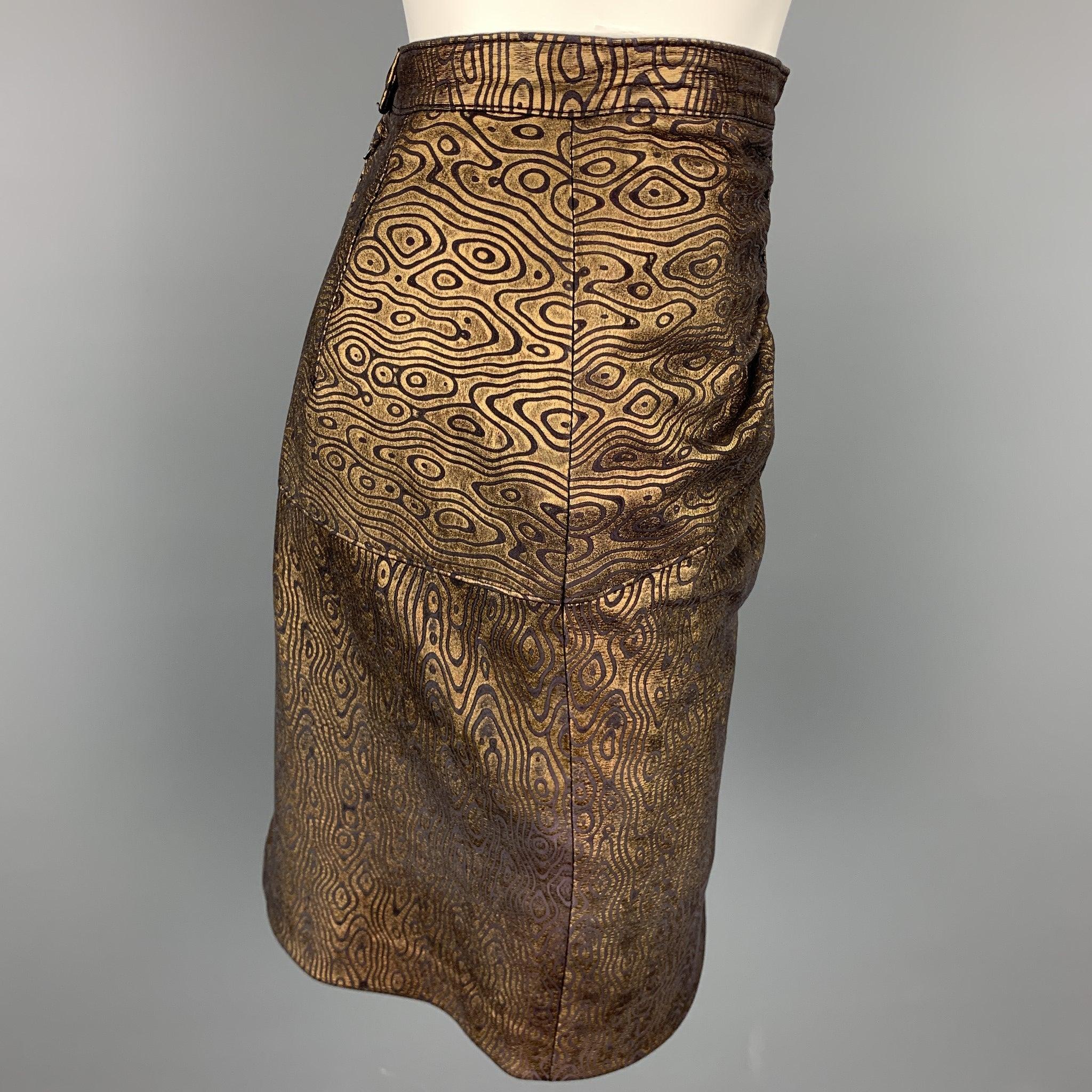 Brown HARRODS Size 8 Black & Gold Abstract Leather Ruched Skirt For Sale