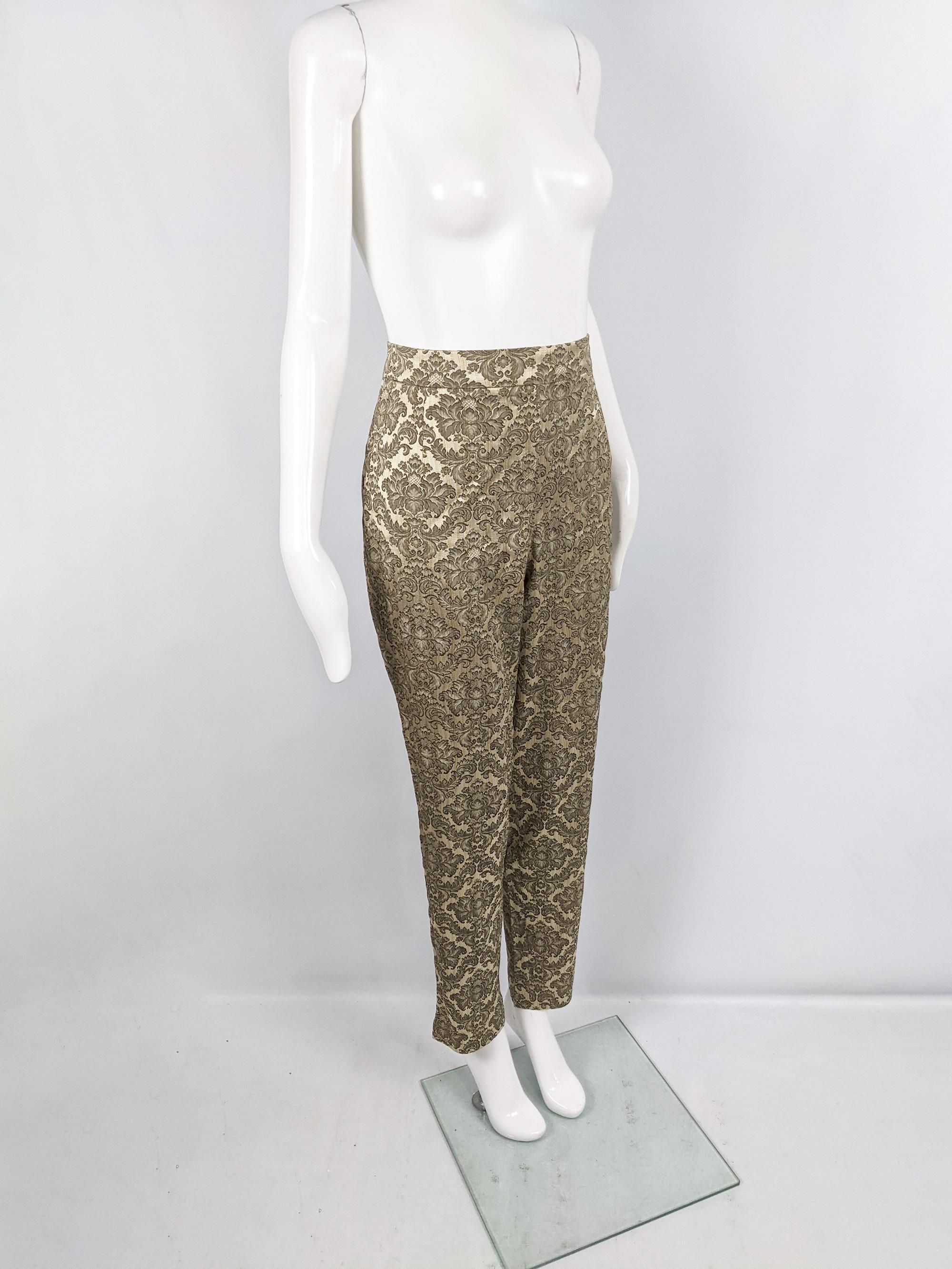 Harrods Vintage 80s Gold Damask Satin Jacquard High Waist Cigarette Pants, 1980s In Excellent Condition In Doncaster, South Yorkshire
