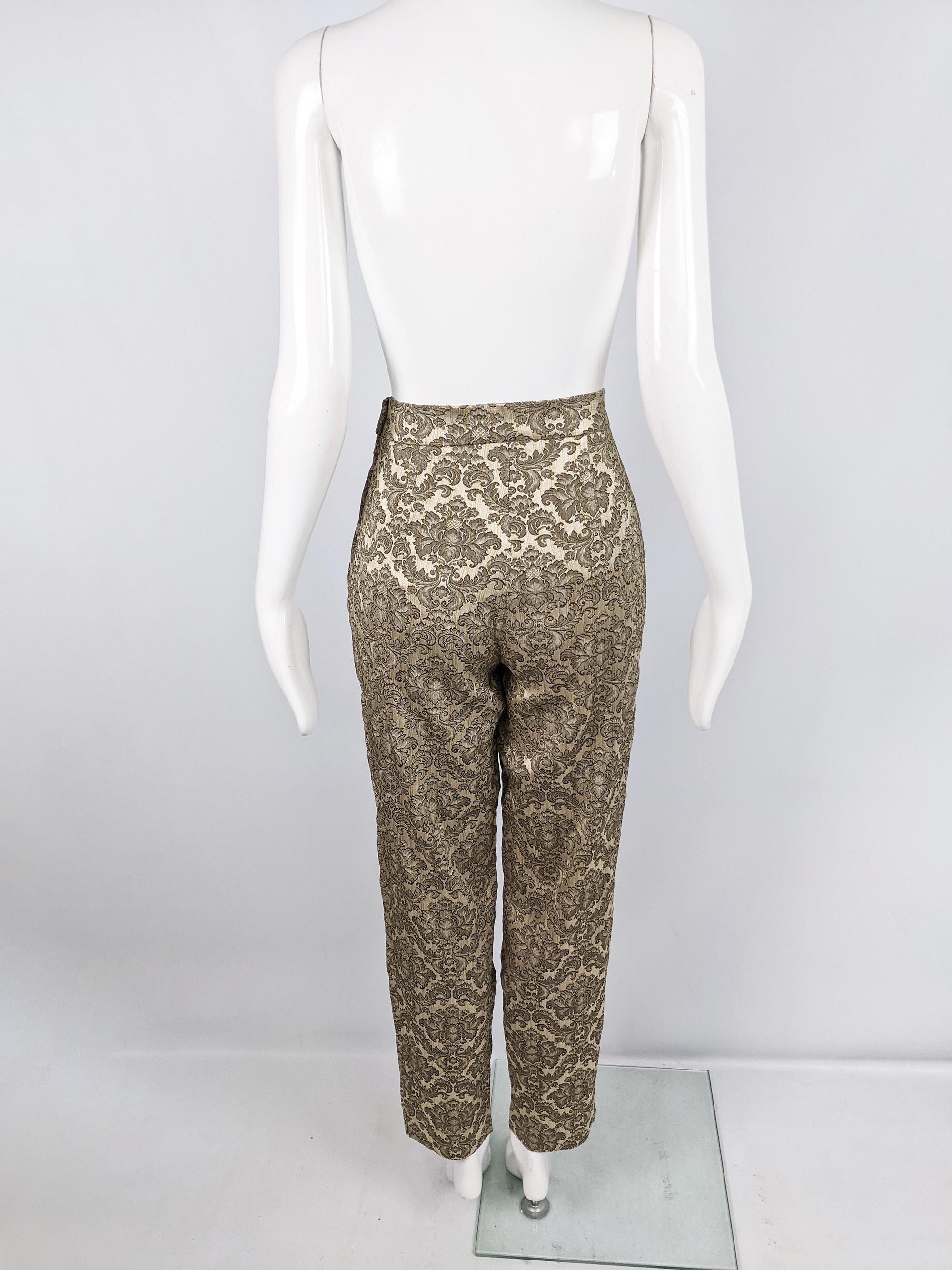 Harrods Vintage 80s Gold Damask Satin Jacquard High Waist Cigarette Pants, 1980s 1