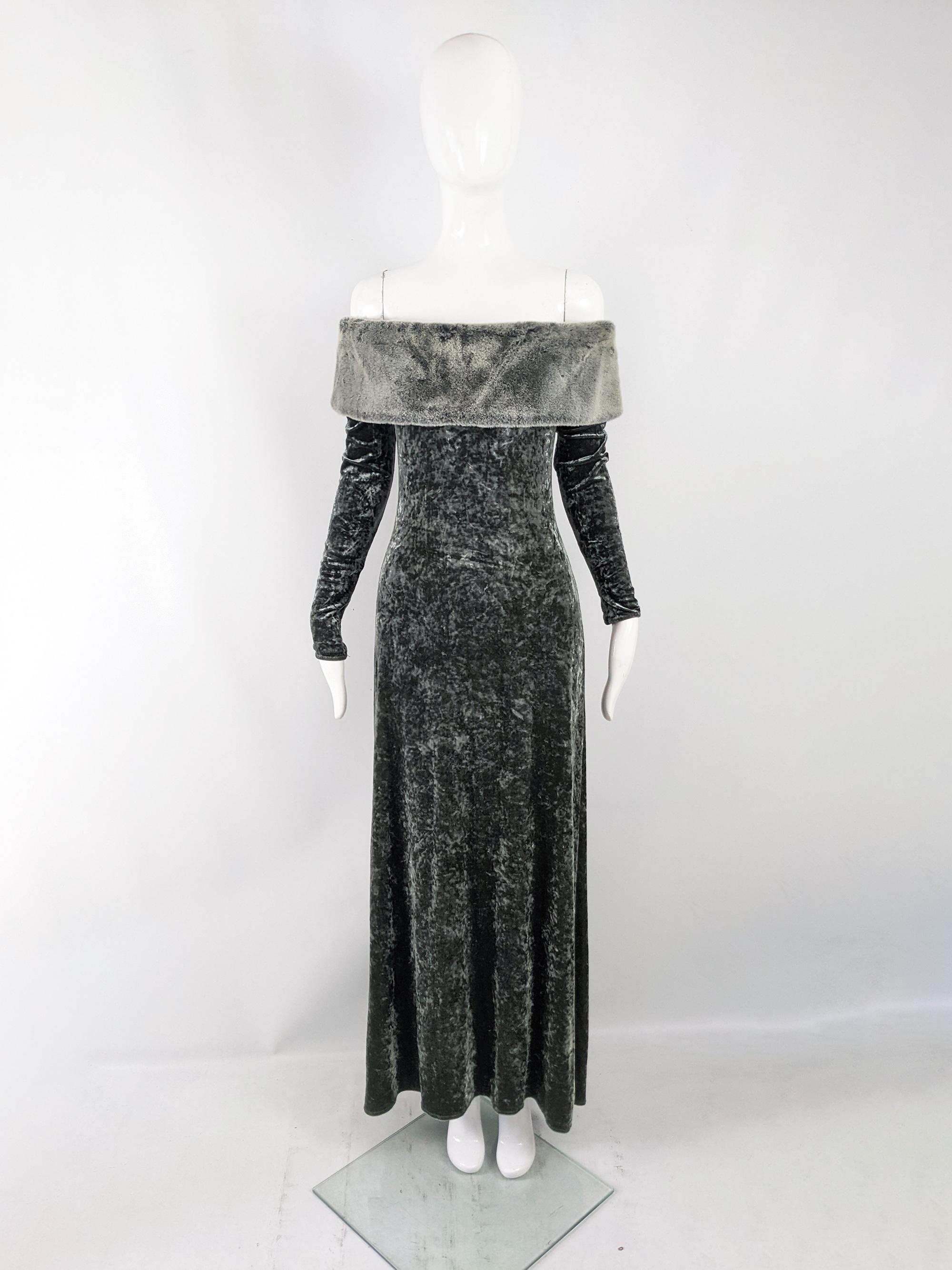 An ultra glamorous vintage womens evening gown from the 80s by luxury British department store, Harrods. In a green/ greenish-grey slinky, panne velvet / crushed velour with an incredible faux fur off the shoulder design. Perfect for a formal event