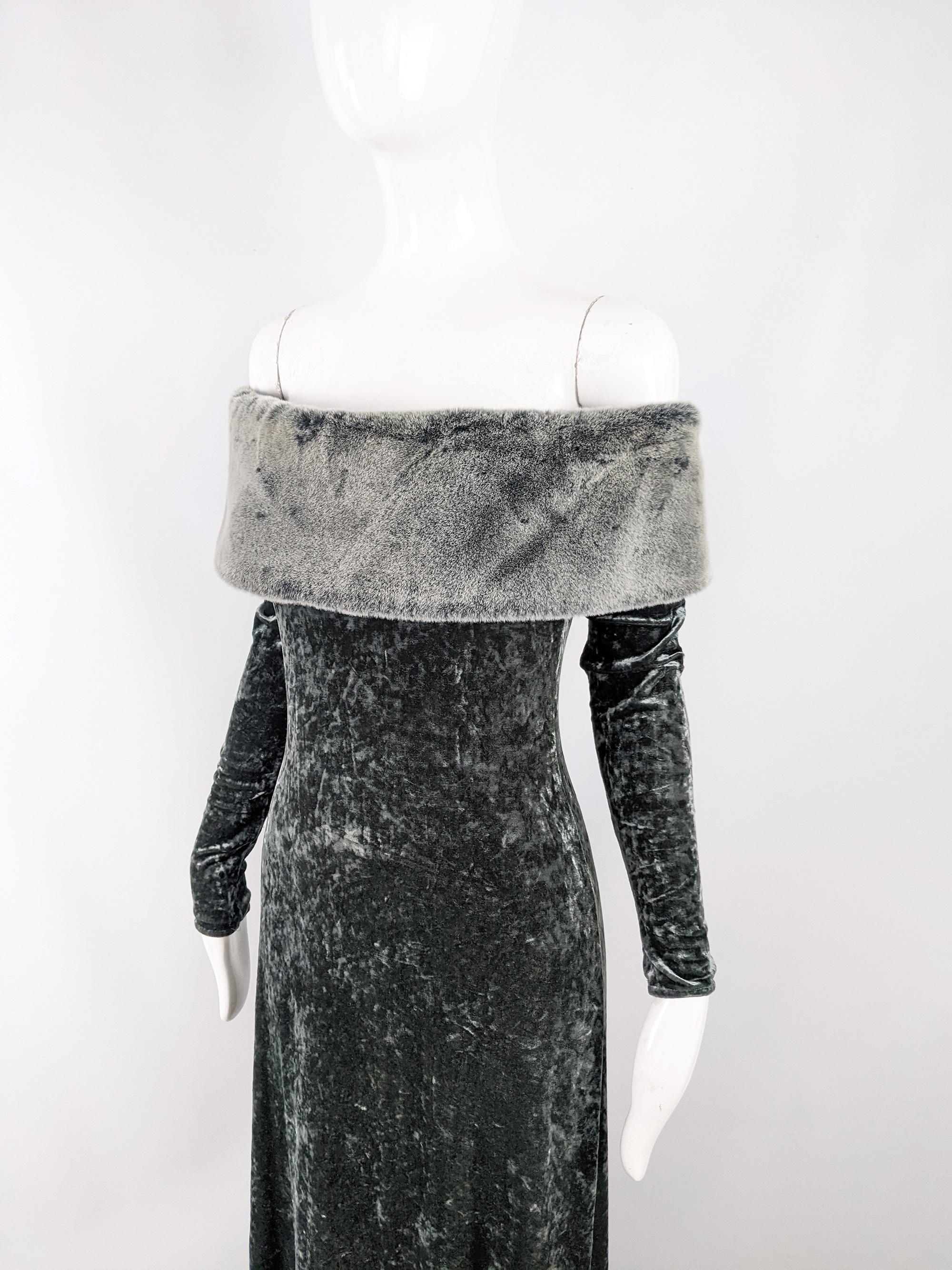 Black Harrods Vintage Crushed Velour Velvet & Faux Fur Off the Shoulder Evening Gown