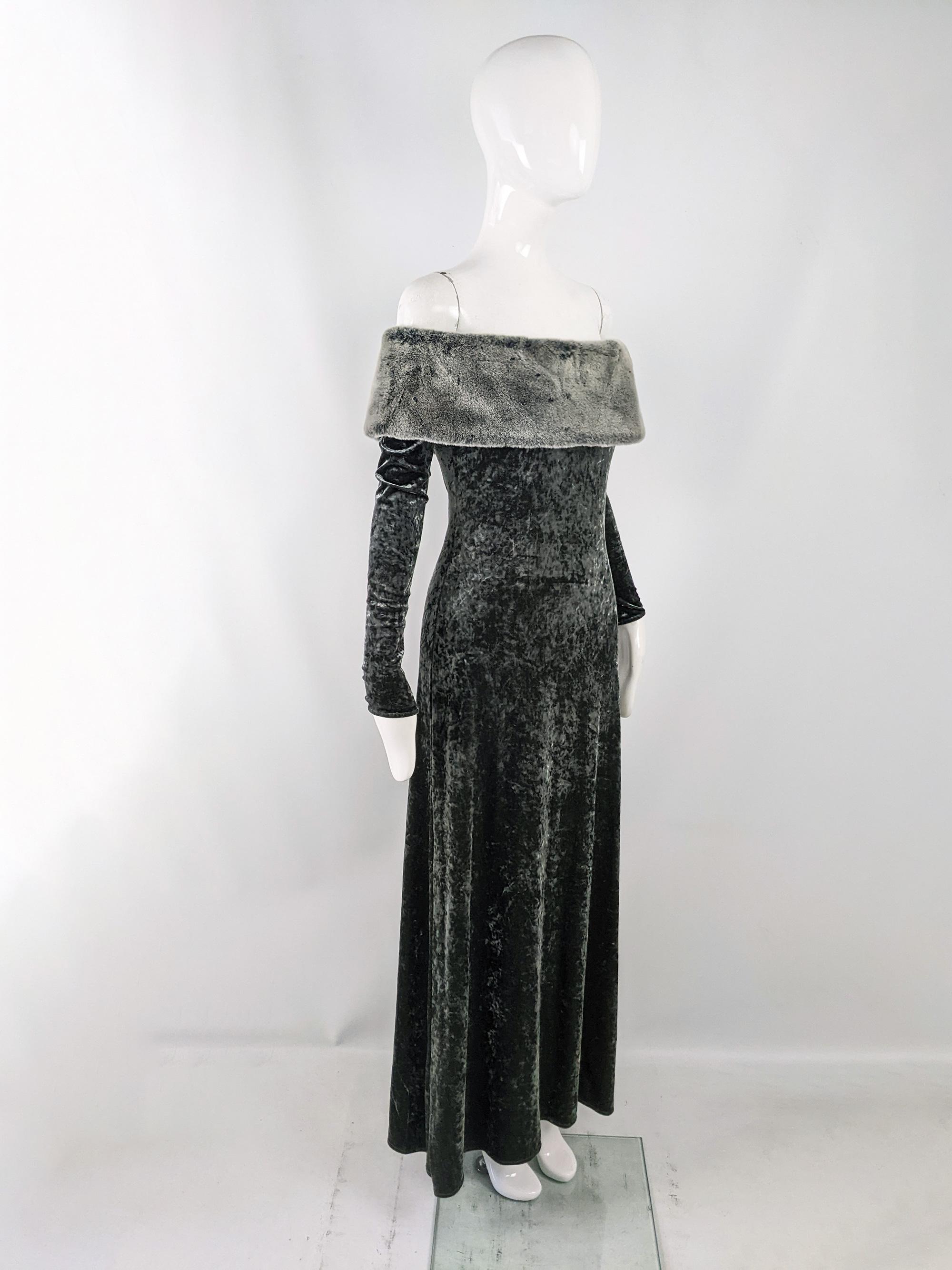 Harrods Vintage Crushed Velour Velvet & Faux Fur Off the Shoulder Evening Gown In Excellent Condition In Doncaster, South Yorkshire