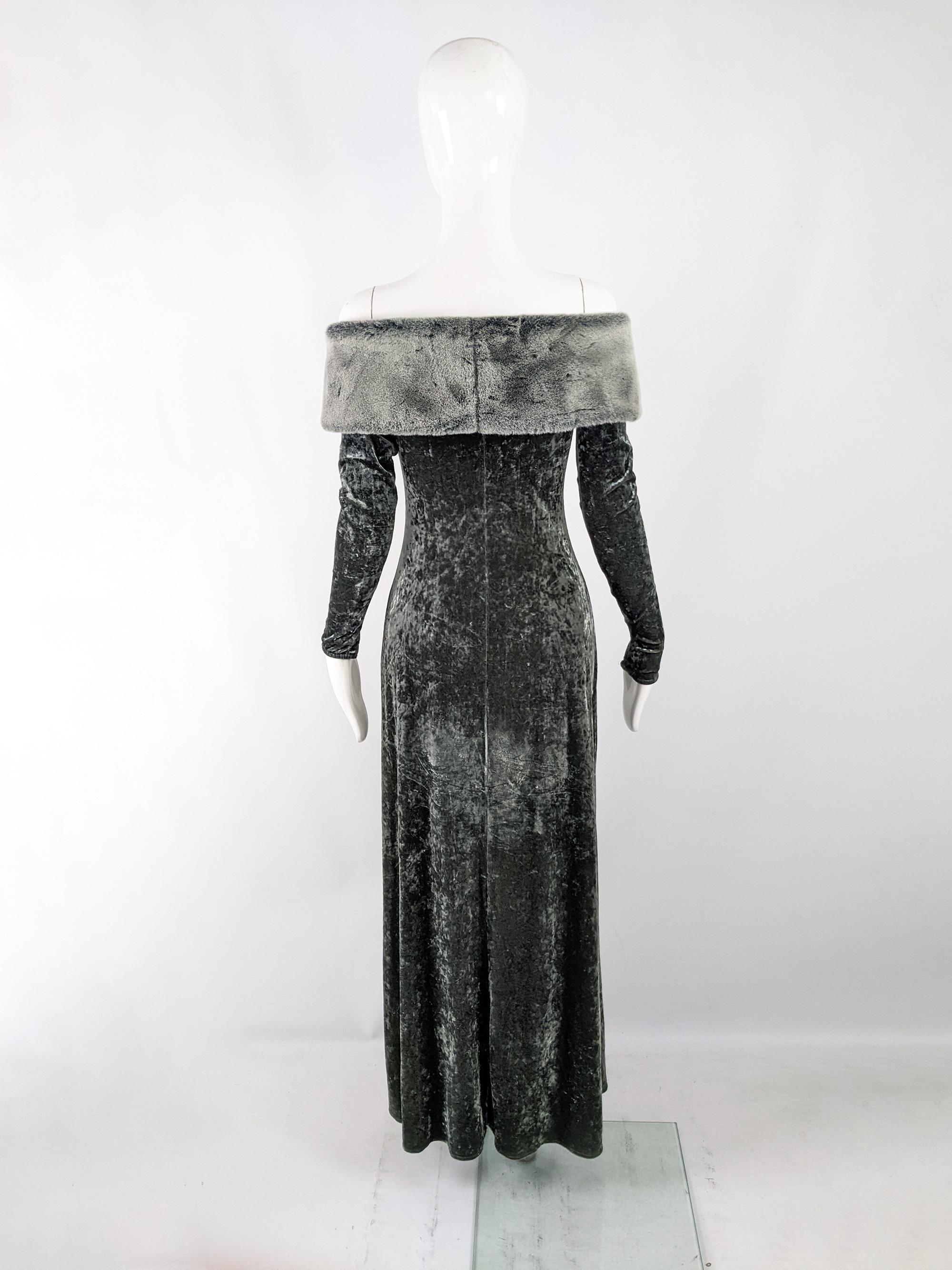 Women's Harrods Vintage Crushed Velour Velvet & Faux Fur Off the Shoulder Evening Gown