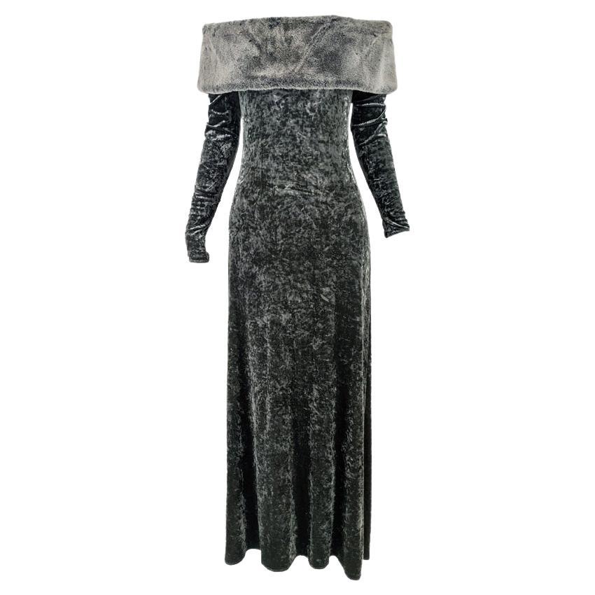 Harrods Vintage Crushed Velour Velvet & Faux Fur Off the Shoulder Evening Gown