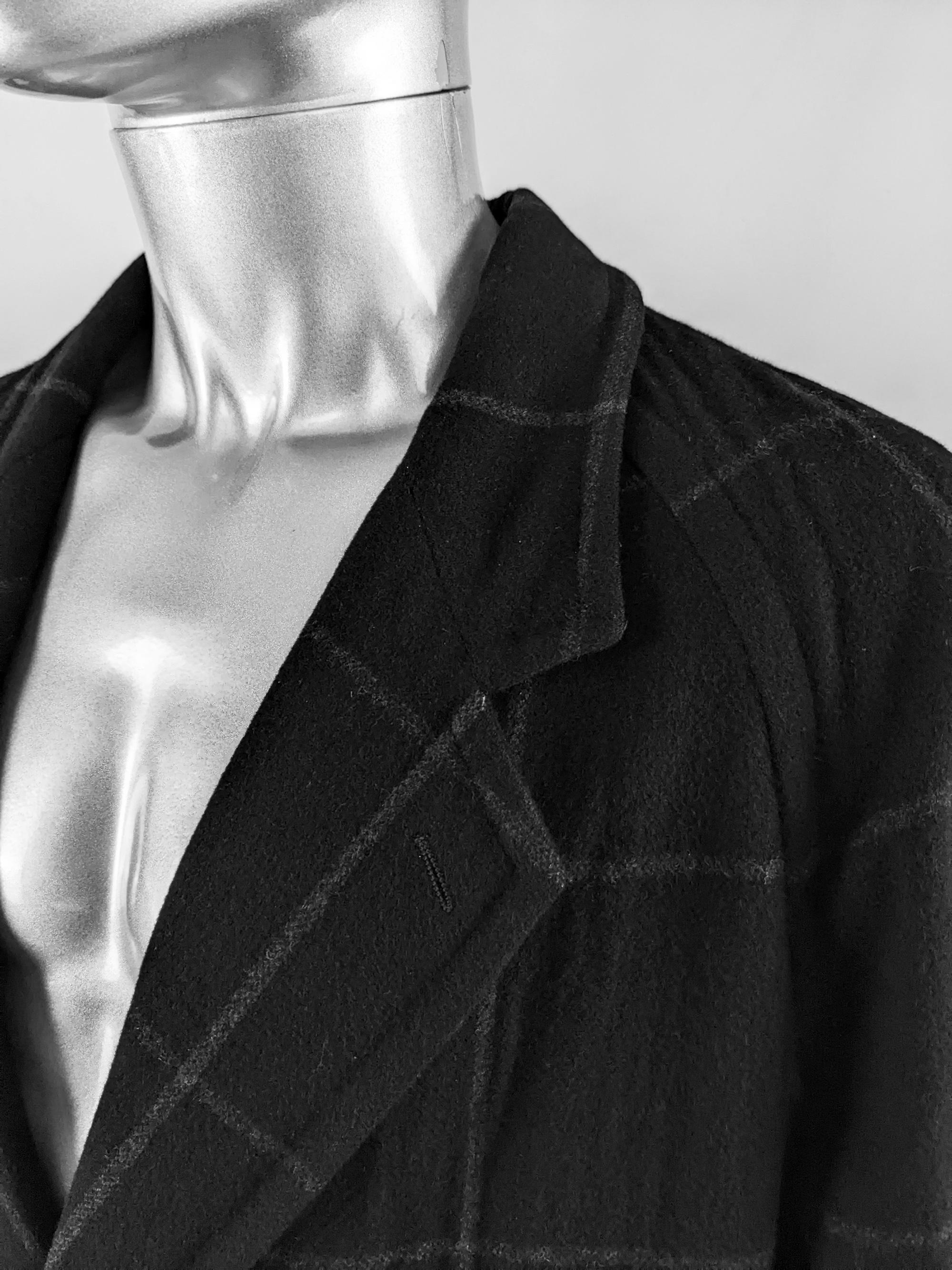 Men's Harrods Vintage Mens 1980s Black Italian Virgin Wool Check Overcoat Coat 50R