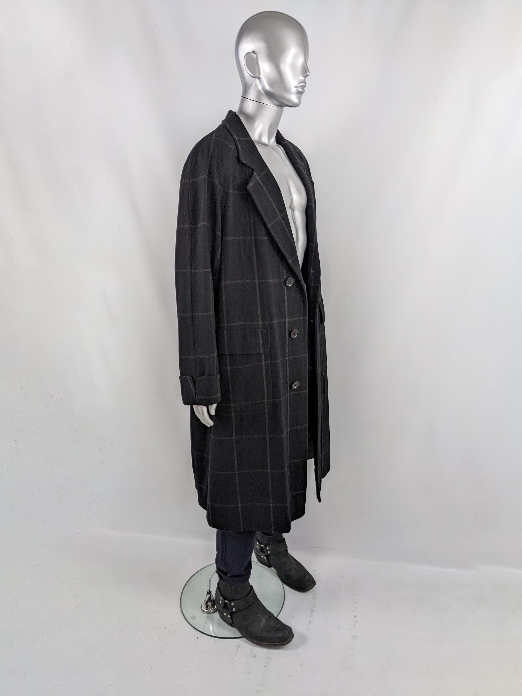 Harrods Vintage Mens 1980s Black Italian Virgin Wool Check Overcoat Coat 50R 2