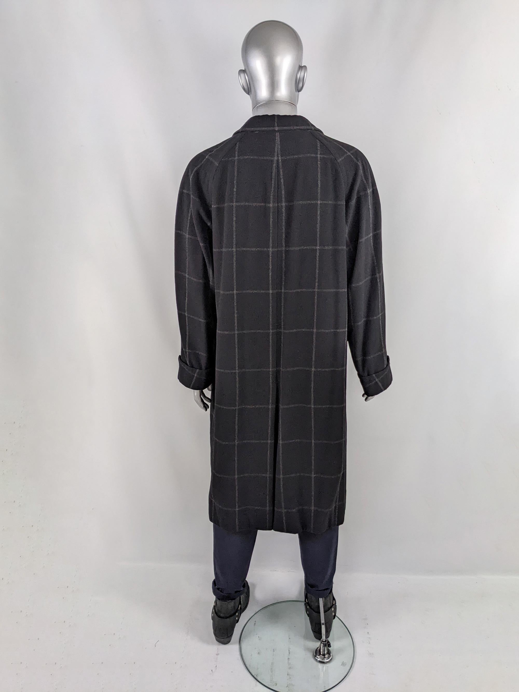 Harrods Vintage Mens 1980s Black Italian Virgin Wool Check Overcoat Coat 50R 4