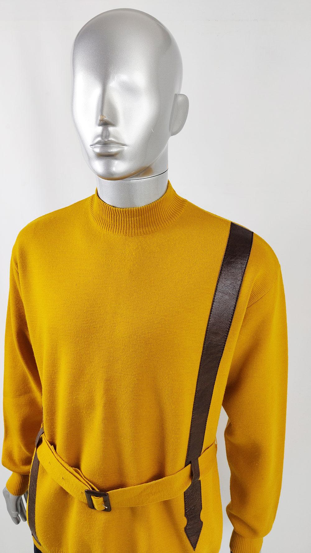 Harrods Vintage Mens 60s Mustard Yellow Vinyl Belted Sweater Jumper In Good Condition For Sale In Doncaster, South Yorkshire