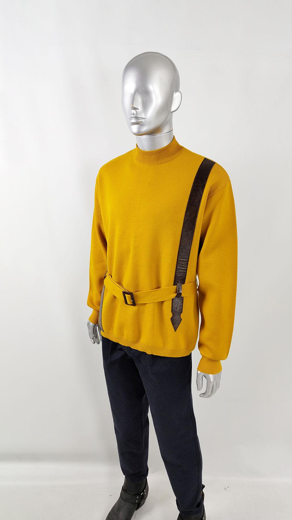 Men's Harrods Vintage Mens 60s Mustard Yellow Vinyl Belted Sweater Jumper For Sale