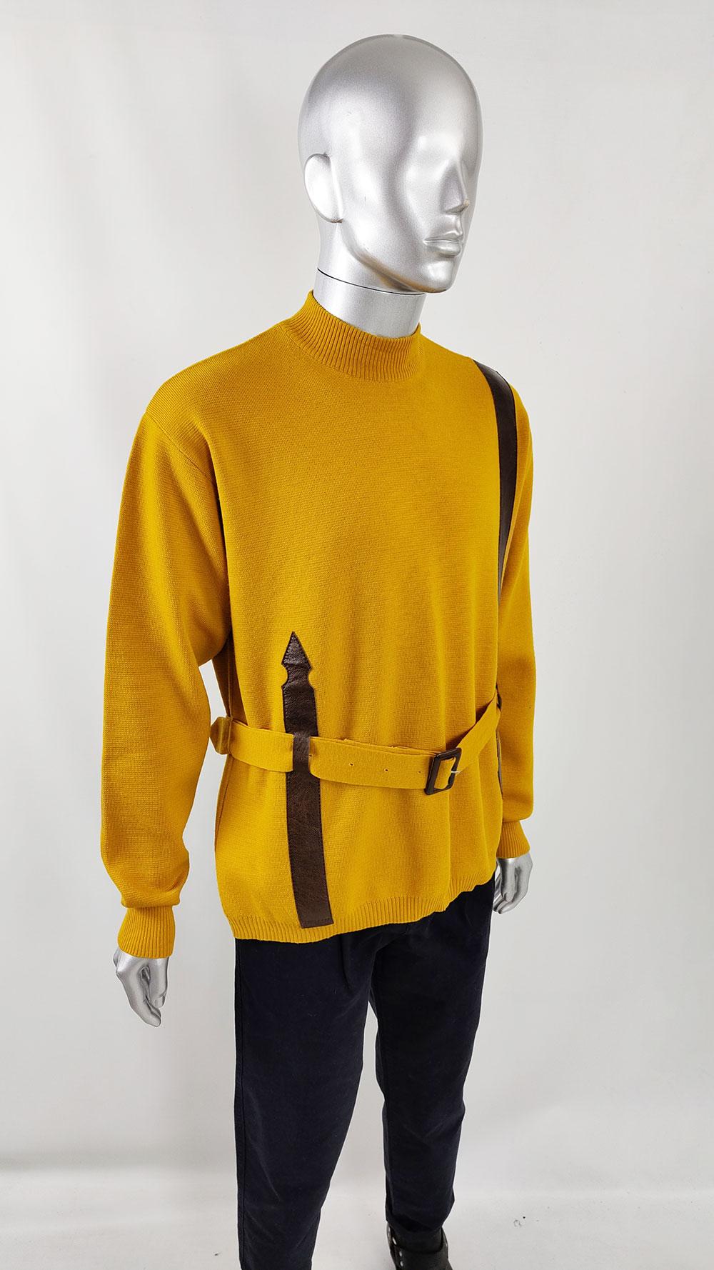 Harrods Vintage Mens 60s Mustard Yellow Vinyl Belted Sweater Jumper For Sale 2