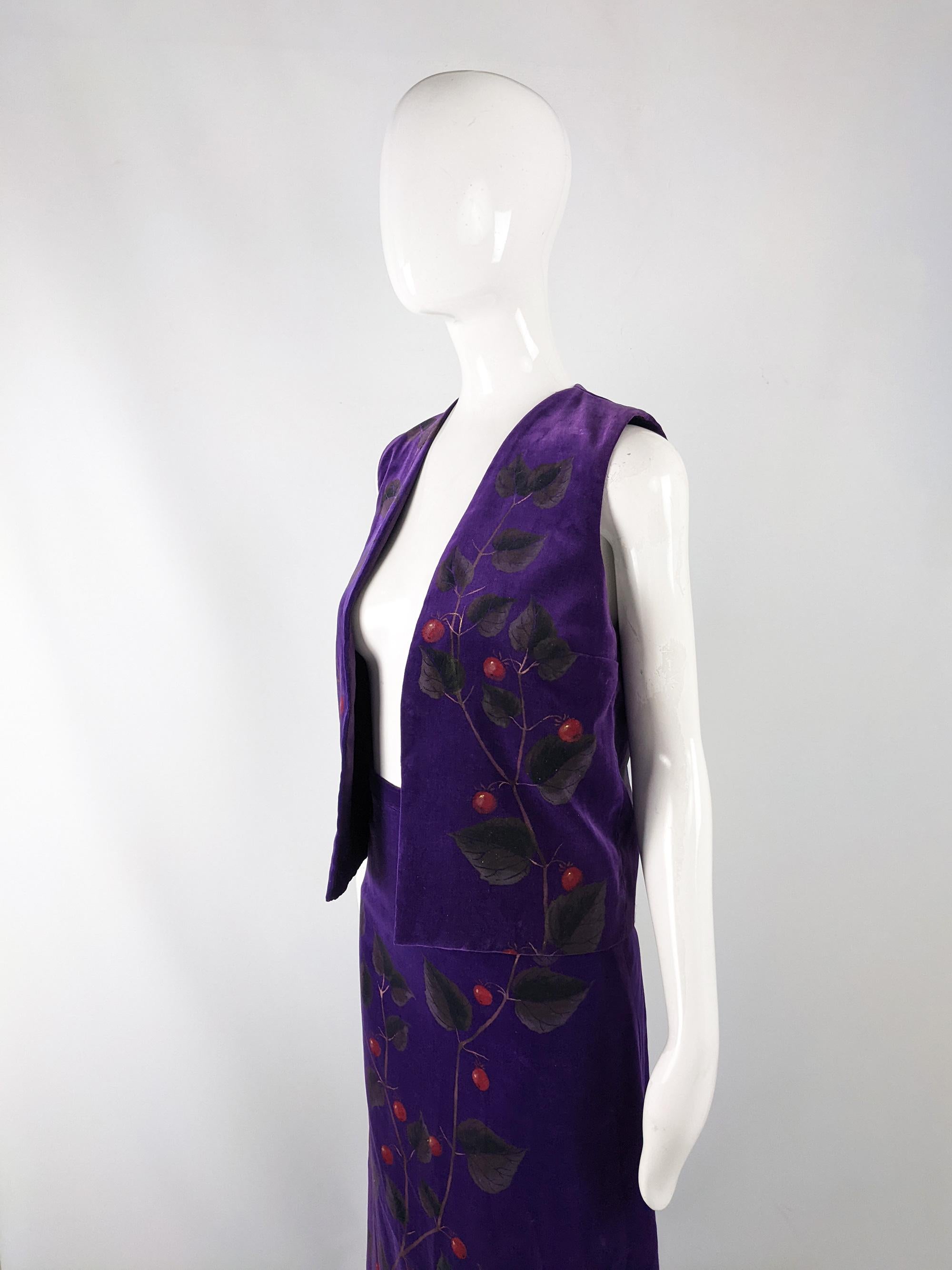 Black Harrods Vintage Purple Velvet Hand Printed Botanical Pattern Vest & Skirt, 1970s For Sale