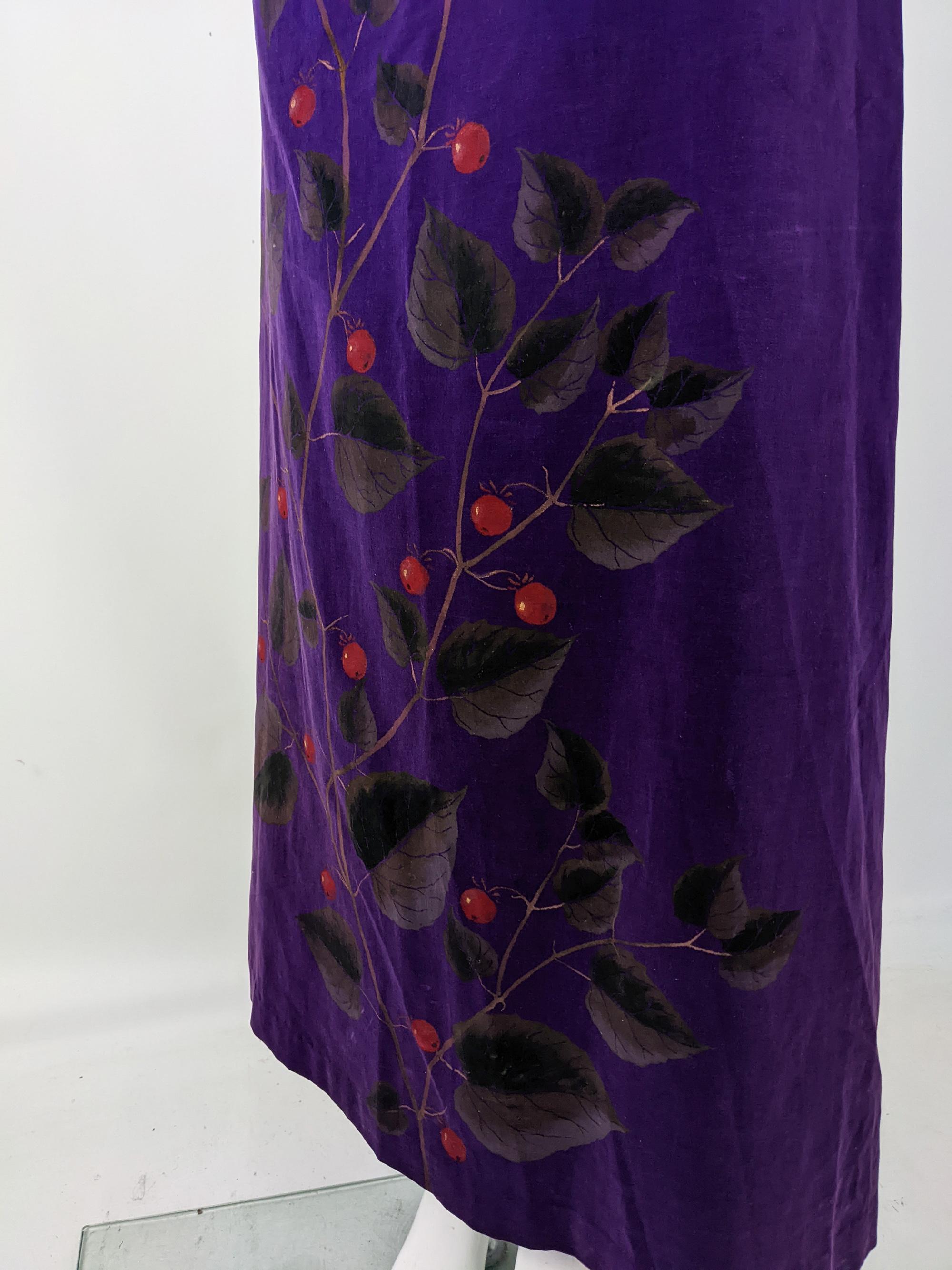 Harrods Vintage Purple Velvet Hand Printed Botanical Pattern Vest & Skirt, 1970s In Good Condition For Sale In Doncaster, South Yorkshire