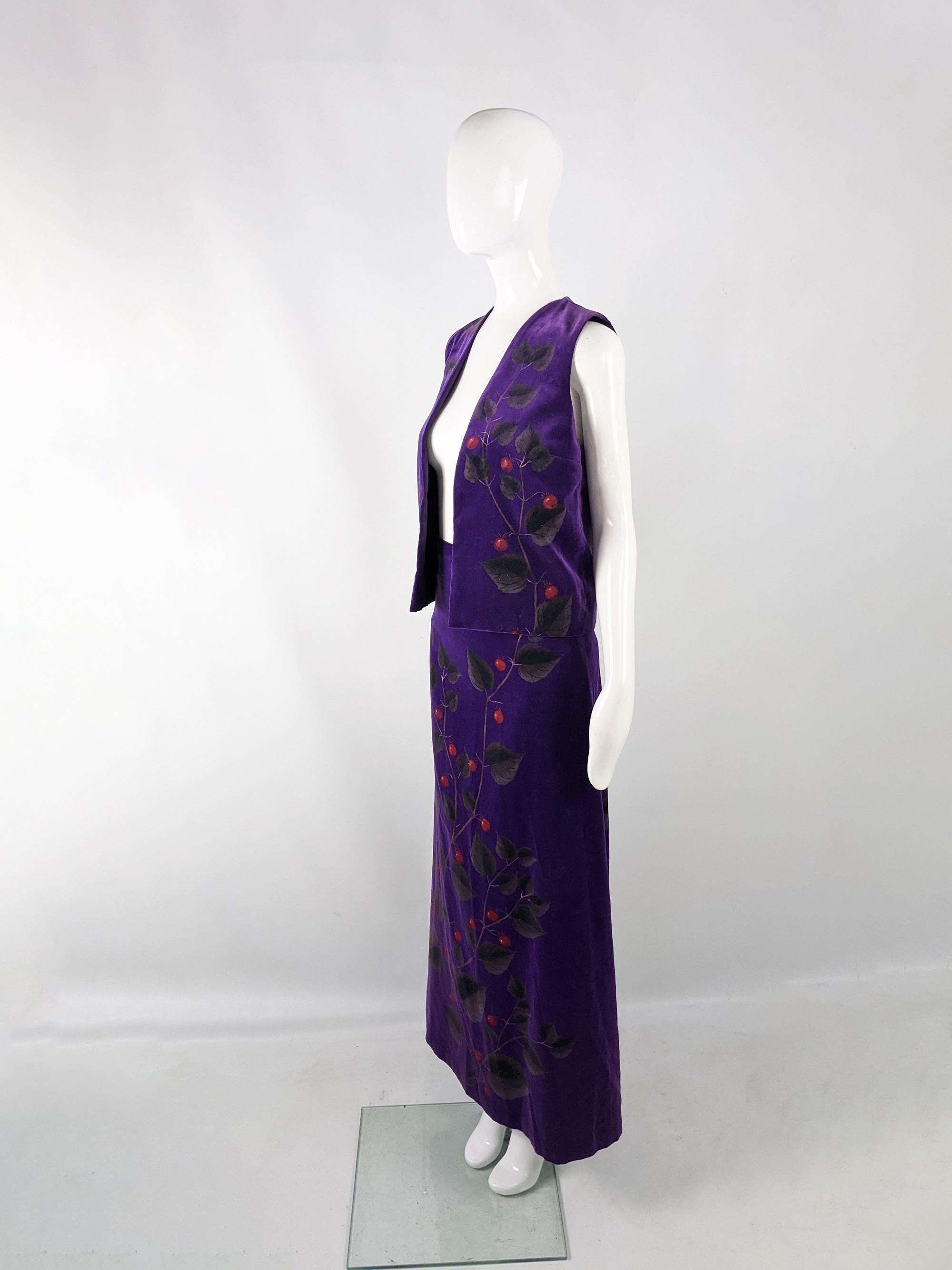 Women's Harrods Vintage Purple Velvet Hand Printed Botanical Pattern Vest & Skirt, 1970s For Sale