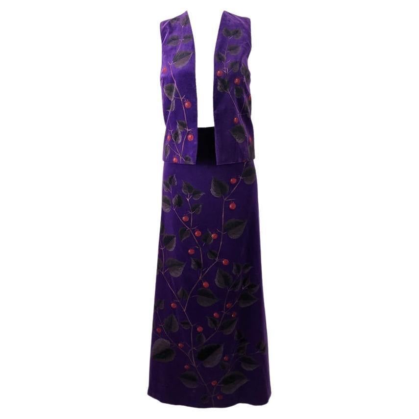 Harrods Vintage Purple Velvet Hand Printed Botanical Pattern Vest & Skirt, 1970s For Sale