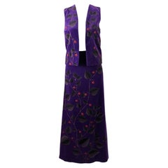 Harrods Vintage Purple Velvet Hand Printed Botanical Pattern Vest & Skirt, 1970s