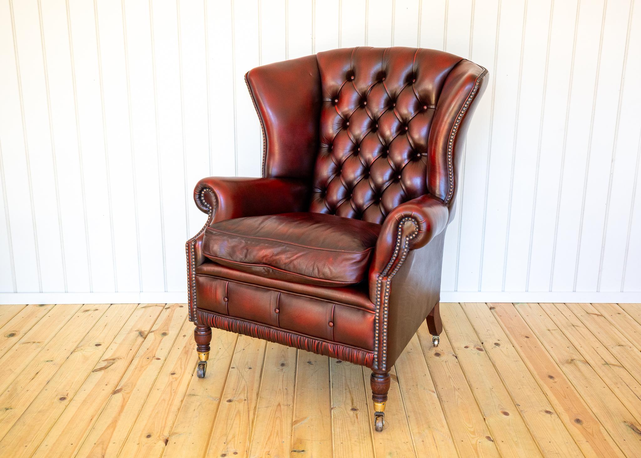 Harrods Wingback Chesterfield Armchair Georgian Style Oxblood Red 1990s Fireside For Sale 8
